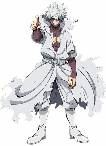 a fullbody shot of tomura shigaraki from the anime my hero academia. he is wearing a white cape and has his hand extended with his pointer finger pointing forward. he has white hair and a sinister expression on his face.