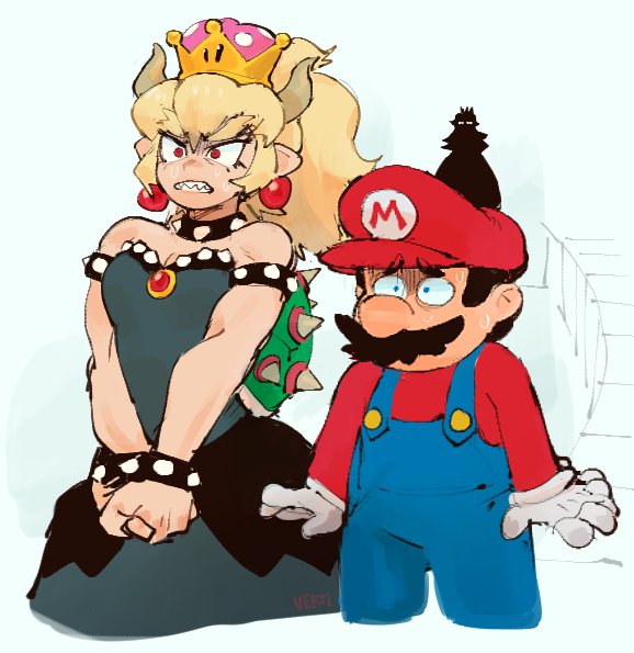 this illustration features mario standing to the right of bowser. he has a terrified expression and looks as if he's about to be yelled at. bowser looks angry and is ready to unleash her fury. the drawing is in a comic book style, and is colored digitally.