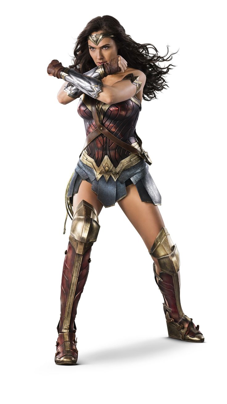 wonder woman is standing in a fighting pose, ready to strike. she is wearing her iconic costume, which includes a red, blue, and gold bodice, a gold tiara, and  golden armor.  her left arm is raised and her fist is clenched, while her right hand is holding a sword.  the background is a white backdrop, which highlights her figure and costume.