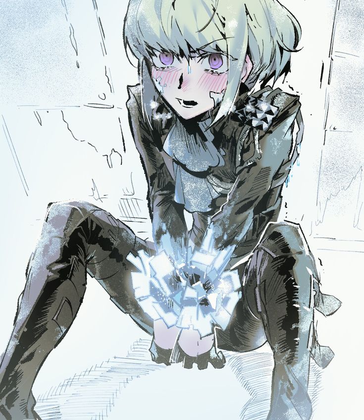 the image is a digital drawing or painting in a style reminiscent of anime or manga. it depicts a young woman with short, lightcolored hair and purple eyes. she appears distressed, with blushed cheeks and what looks like bandages on her face. she's wearing dark, futuristiclooking clothing including boots and gloves.  her hands seem to be glowing or generating a lightblue, crystalline substance or energy. the overall color scheme is cooltoned with greys and light blues, contributing to a feeling of cold or icy atmosphere. the background is simple and somewhat sketchy, leaving the focus on the character.  the artistic style is loose and expressive, with visible brushstrokes and shading.