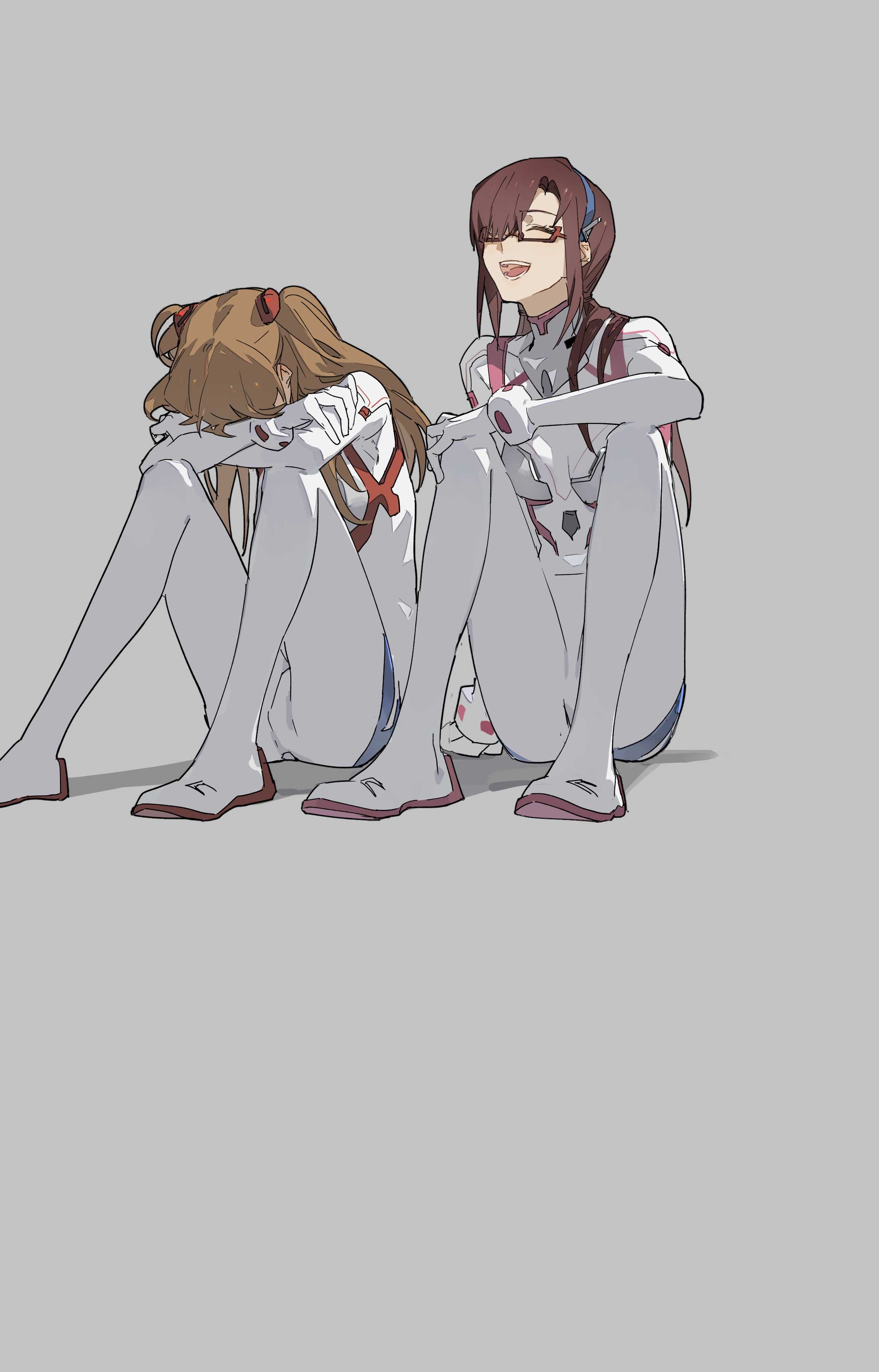 he image is a fanart illustration of two anime girls, possibly inspired by the anime series neon genesis evangelion. one girl with brown hair is sitting with her head down, appearing sad, while the other girl with dark brown hair and glasses sits beside her with a happy expression. both are wearing white, almost identical pilot suits with red accents, resembling the outfits of eva pilots.  the style is soft and slightly muted in color palette, with a minimalist background. the overall mood contrasts the emotions of the two characters.