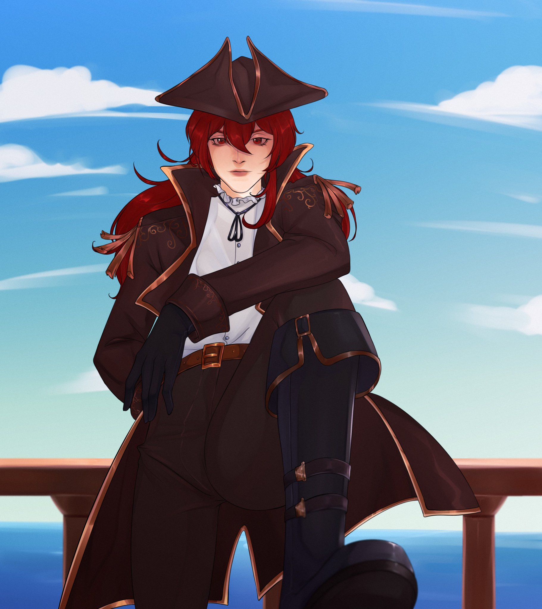 a portrait of a male anime character with red hair wearing a brown pirate hat, jacket, and boots. he is standing on a ship deck looking out at the sea with a determined expression.  the sky is blue with white clouds.