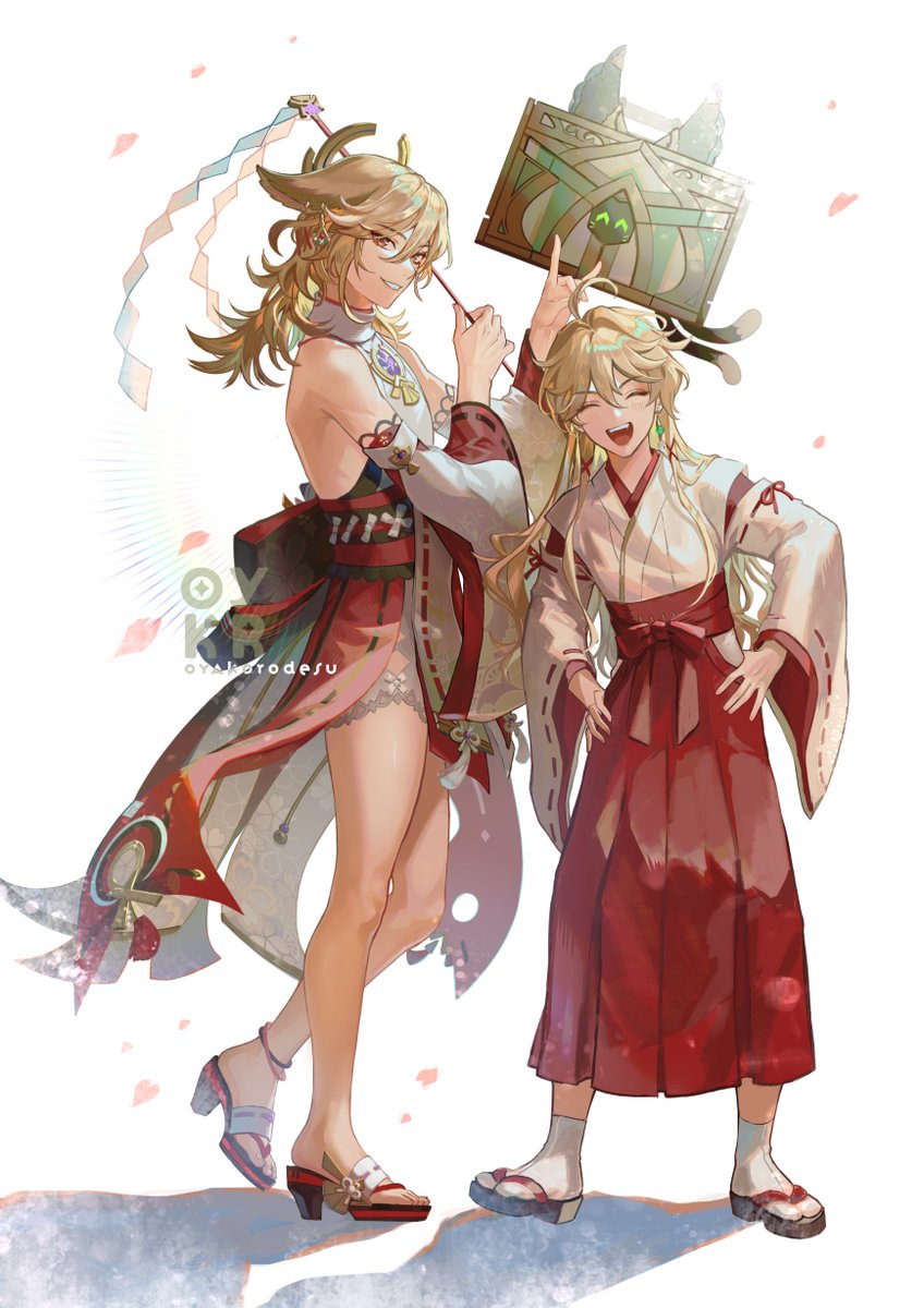 the image contains two anime girls in traditional japanese clothing. they are both smiling and holding boxes. the girl on the left is wearing a red and white kimono, while the girl on the right is wearing a red and white outfit that looks like a geisha's clothing. the background is a light pink with a few flower petals floating.