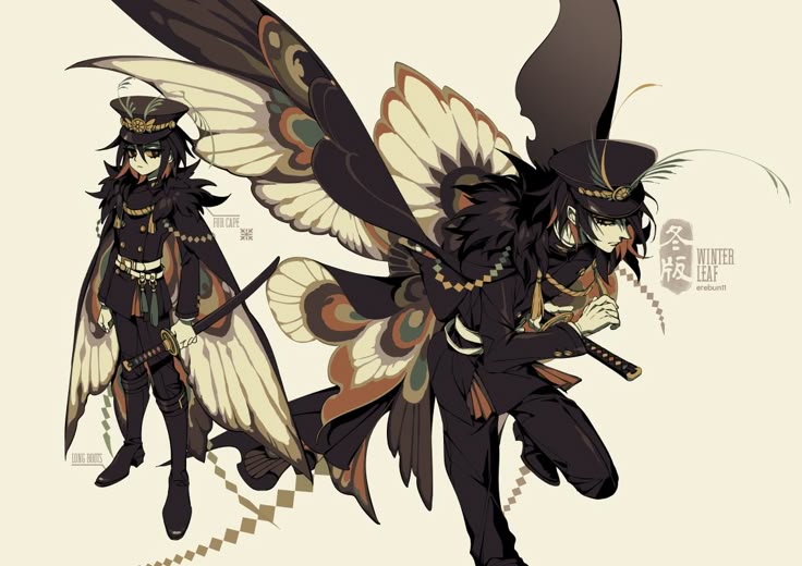 two animestyle male characters are depicted with large, ornate butterfly wings in this digital illustration. both wear dark militarystyle uniforms, caps, and carry swords. the figure on the left has lighter, more translucent wings and a furtrimmed cape. the figure on the right has darker wings and a more dynamic pose. the color palette is muted, with a focus on dark shades and creams. the artwork has a fantasy and somewhat eerie feel, drawing inspiration from japanese art. there is text in the background "winter leaf."