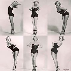 a siximage black and white collage featuring marilyn monroe posing in a onepiece swimsuit. each image captures marilyn in a different pose, showcasing her iconic style and glamour. the photos appear to be taken in a studio setting with professional lighting.