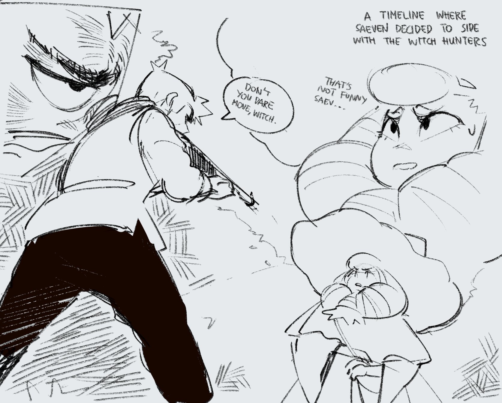 a sketch of a witch hunter character pointing their gun at a witch, with the witch pleading with them not to kill her. they are in a forest setting, and the witch is surrounded by trees and brush. the art is in black and white and has a rough, sketchy style, giving it a somewhat edgy and dramatic feel. it appears to be part of a larger comic book panel or story.