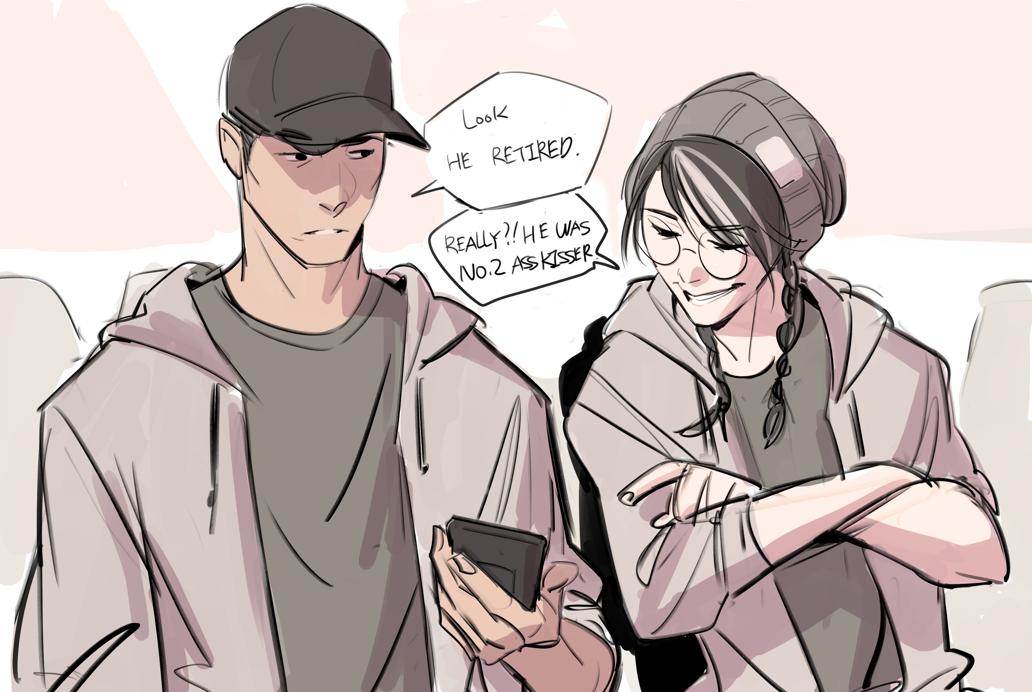 the image is a digital drawing or sketch in an anime/mangainspired style. it depicts two young individuals, a man and a woman, sitting close together. the man wears a grey hoodie and a baseball cap, while the woman has on a lightcolored hoodie and a beanie. she's also wearing glasses.  the woman is playfully teasing the man, as indicated by speech bubbles containing dialogue. one bubble says "look, he retired," and the other says "really? he was no.2 ass kisser." the man looks somewhat unimpressed while the woman smiles. the overall tone is lighthearted and informal. they appear to be sharing a private moment, perhaps gossiping or sharing a piece of news. the art style is loose and expressive, with soft lines and muted colors. the man holds a smartphone, suggesting they might have seen the news online.