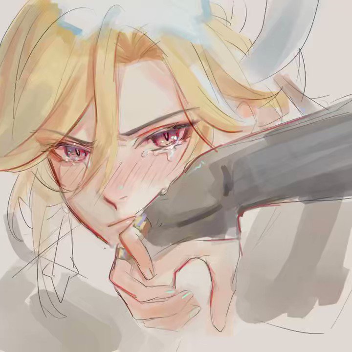 the image is a closeup digital painting or illustration in a soft, watercolor style depicting an animestyle male character with long blond hair. he is shown from the chest up, with his face taking center stage. the character has expressive eyes, which are filled with tears, conveying intense sadness or heartbreak. his cheeks are flushed, further emphasizing his emotional state.  another hand is gently holding his, offering a gesture of comfort or support. the overall style is delicate and emotive, focusing on the character's emotional vulnerability. the background is indistinct and muted, keeping all attention on the character's face and emotional expression.