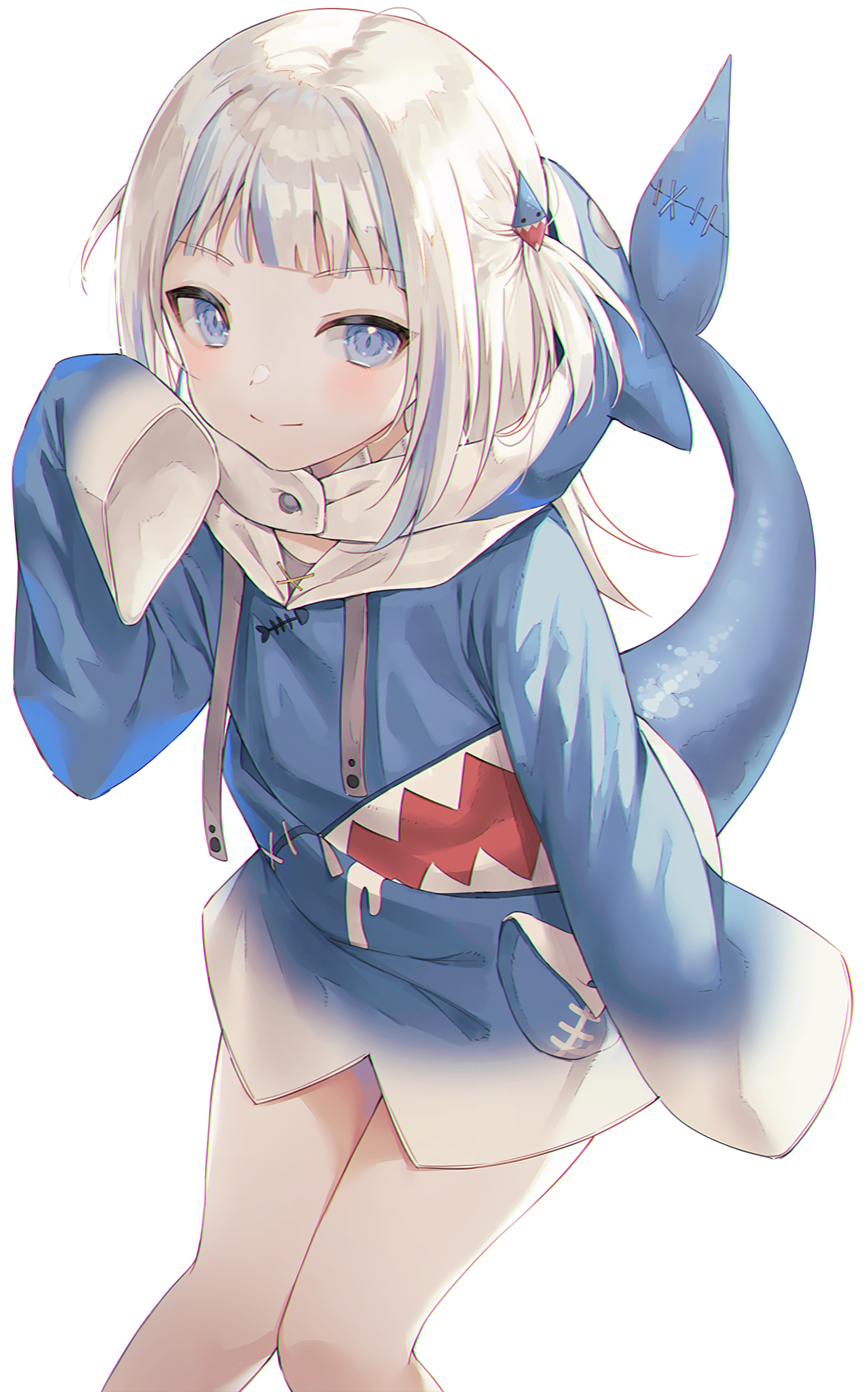 he image is a digital illustration of an anime girl. she has long white hair, styled in pigtails with small blue shark fin hair clips. she is wearing a blue hoodie with a shark tooth design on the stomach area and a white skirt. her tail is that of a shark, matching the blue of her clothes. she has large blue eyes and rosy cheeks, giving her an overall cute and innocent appearance. the art style is soft and pastel, with a focus on smooth lines and gentle shading. the background is transparent, making it suitable for use as a sticker or avatar. the overall impression is that of a cheerful and friendly character.