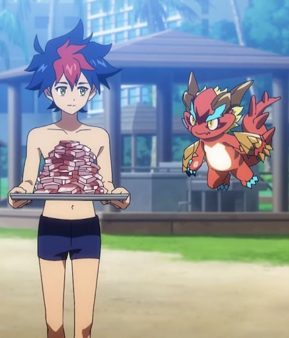 a young boy with blue hair and red highlights is smiling and holding a tray of food. the boy is wearing blue swimming trunks and a cute red dragon is flying near him. the background has a beach setting.