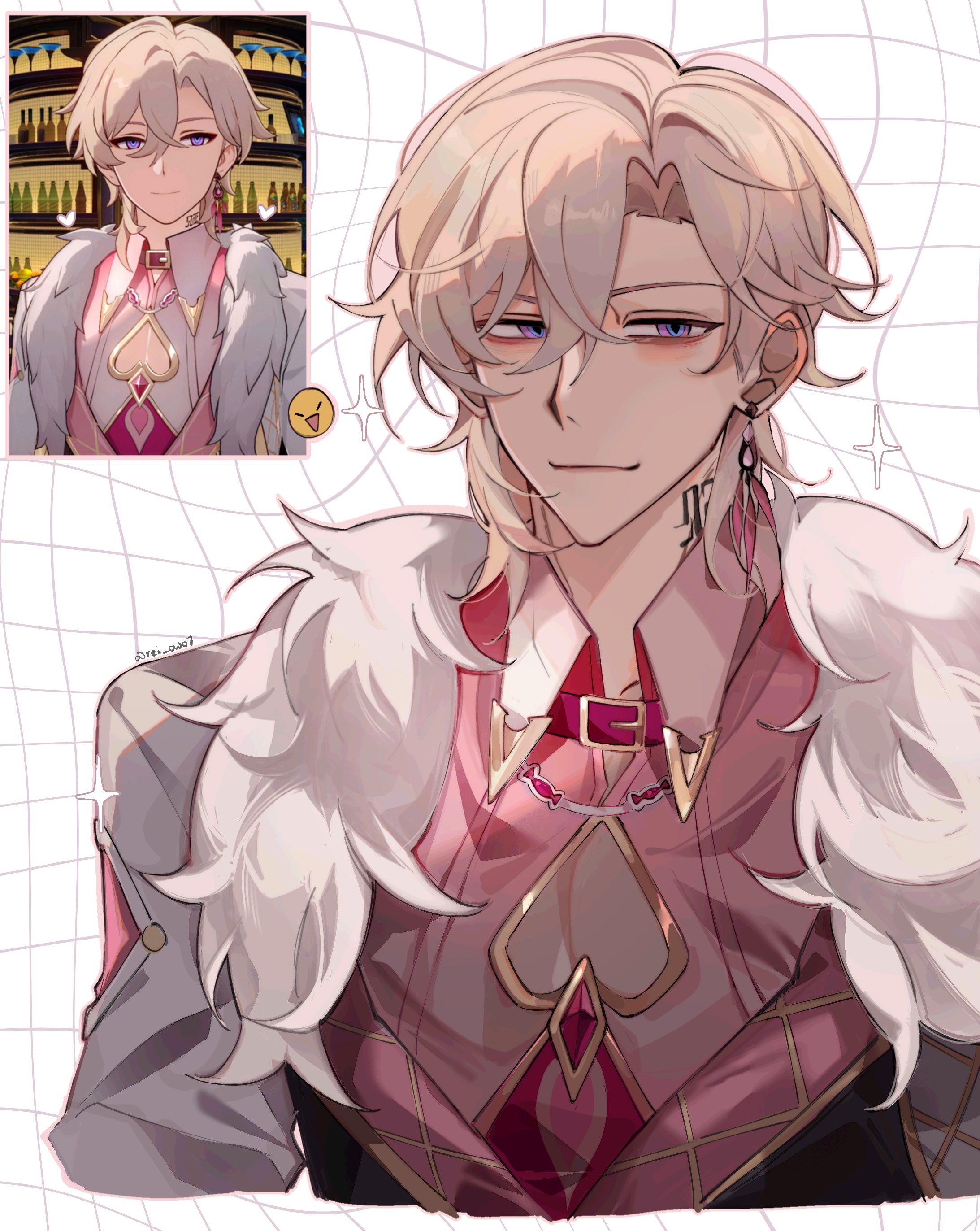 this is a digital drawing of a handsome anime character with white hair, red eyes, and a stylish pink shirt. he is smiling and has a lot of accessories on, including a necklace, earrings, and a fur collar.  the background is a grid pattern.