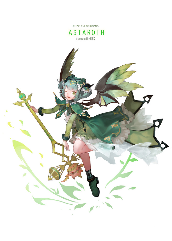 a greenhaired fairy with wings and a staff. the fairy is wearing a green dress and a white petticoat. the staff is gold and decorated with green jewels. the fairy is floating in the air and surrounded by green leaves.  there's a  "puzzle & dragons" logo and "astaroth" text in the top of the image. the image is bright and colorful. it is drawn in an anime style.