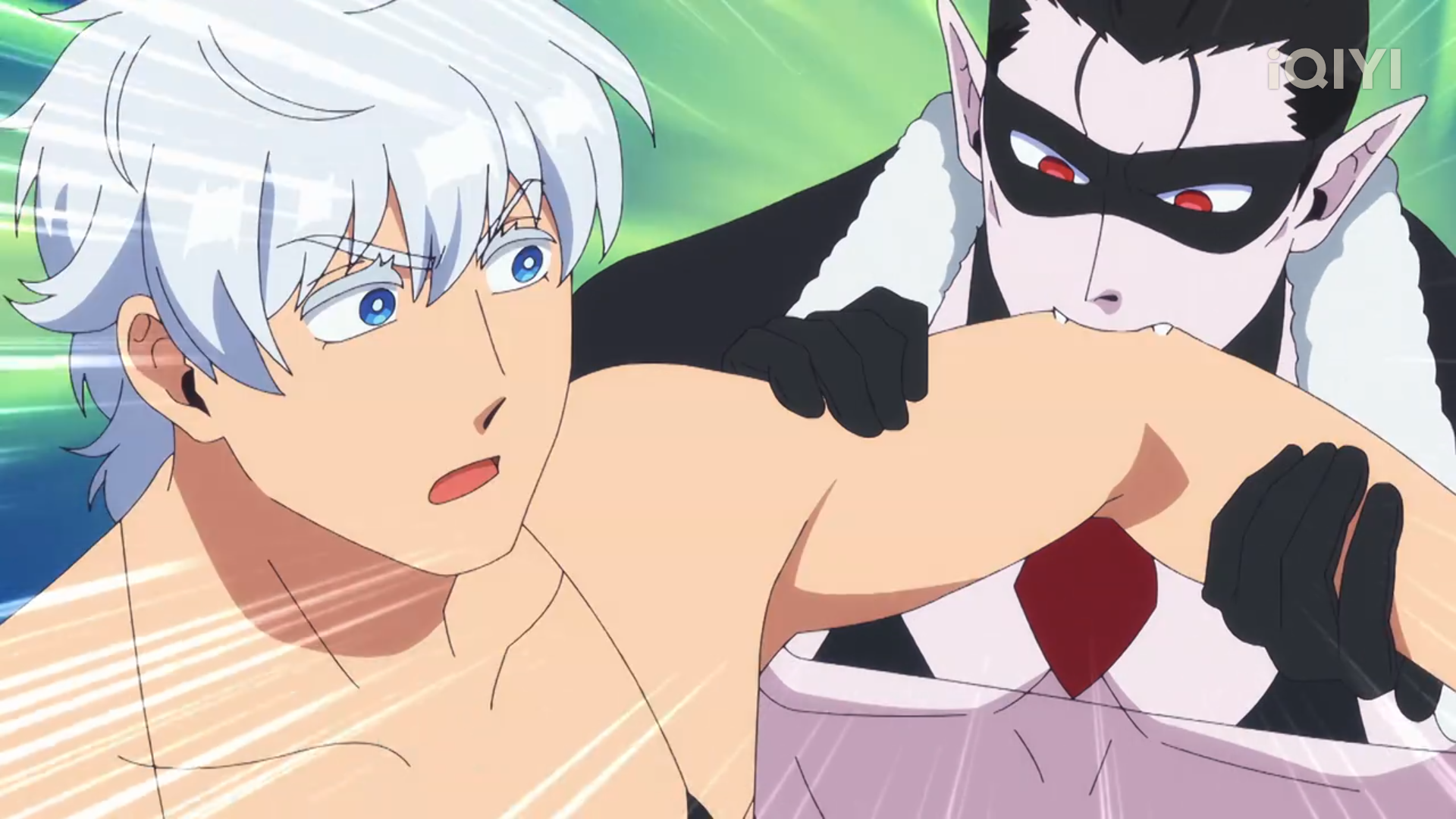 a cartoon image of one man biting the arm of another. the man on the right has pale skin, red eyes, and black hair. he has fangs and is biting the other man's arm hard enough to make his own face bulge. he is wearing a black and white outfit. the man on the left has white hair and blue eyes. he is surprised by the bite, with his eyes wide and eyebrows raised. his mouth is closed, and his arms are at his sides. he has a slightly confused expression on his face. the man on the left only has a white towel wrapped around his lower body. the image has a green background with white motion lines around the bite.