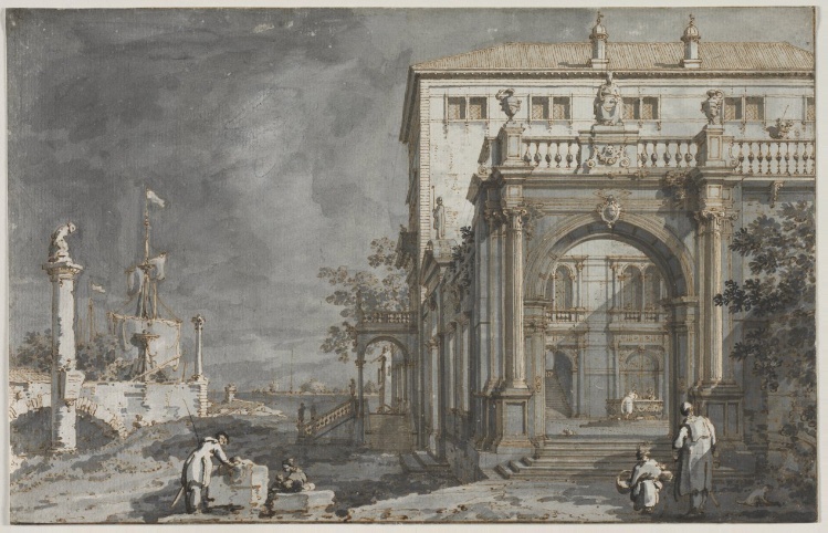 the image is an architectural drawing in gray wash, depicting a grand building with arcades and columns on the right side, leading up to a multistory structure with a balustrade. to the left, there's a waterscape with a ship, connected to the shore by a small bridge with a statue on a column. in the foreground, there are figures engaged in various activities.