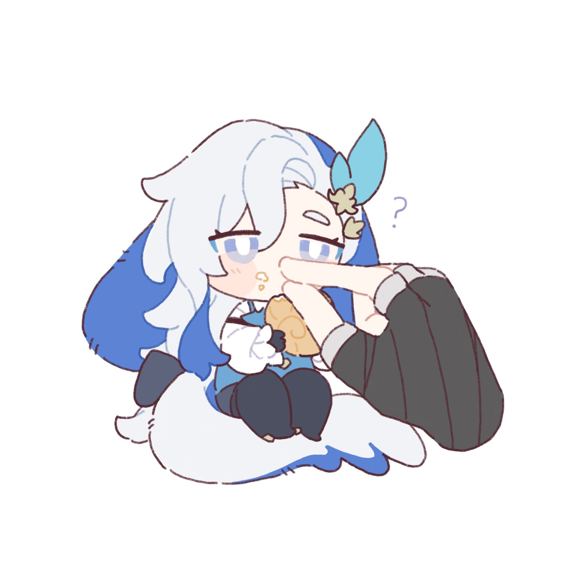 cute chibistyle drawing of ganyu from genshin impact. she's sitting and appears to be eating something while a hand playfully pinches her cheek. the art style is soft and whimsical, with pastel colors and simple lines.  ganyu's expression is sweet and slightly surprised. the overall mood is lighthearted and endearing.