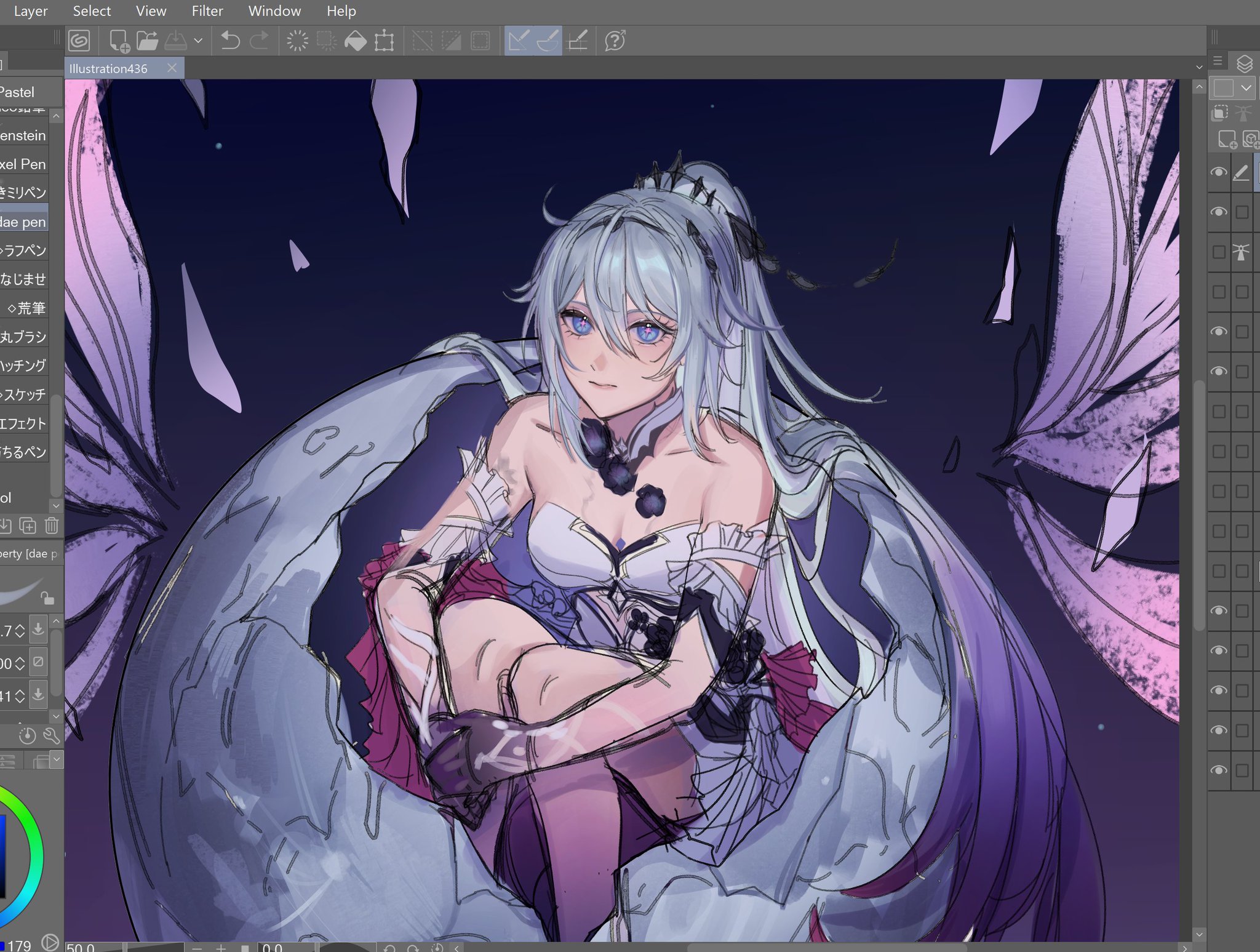 the image is a digital illustration of an anime girl with long, flowing white hair and blue eyes. she is wearing a beautiful white dress with intricate designs and appears to be floating in the air with large, translucent wings. the background is a dark purple and pink with a subtle sparkle, creating a dreamy and magical atmosphere. the artwork is highly detailed and showcases the artist's skill in capturing the character's beauty and the ethereal nature of the setting.