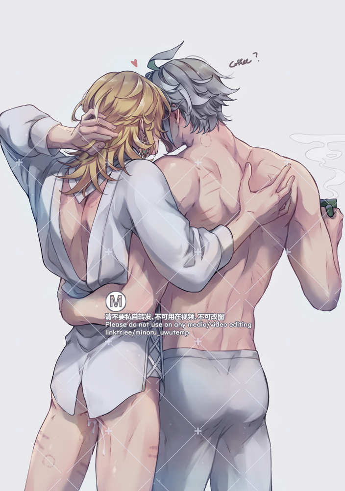 two anime boys are hugging each other in a romantic embrace. the boy on the left is wearing a white shirt while the boy on