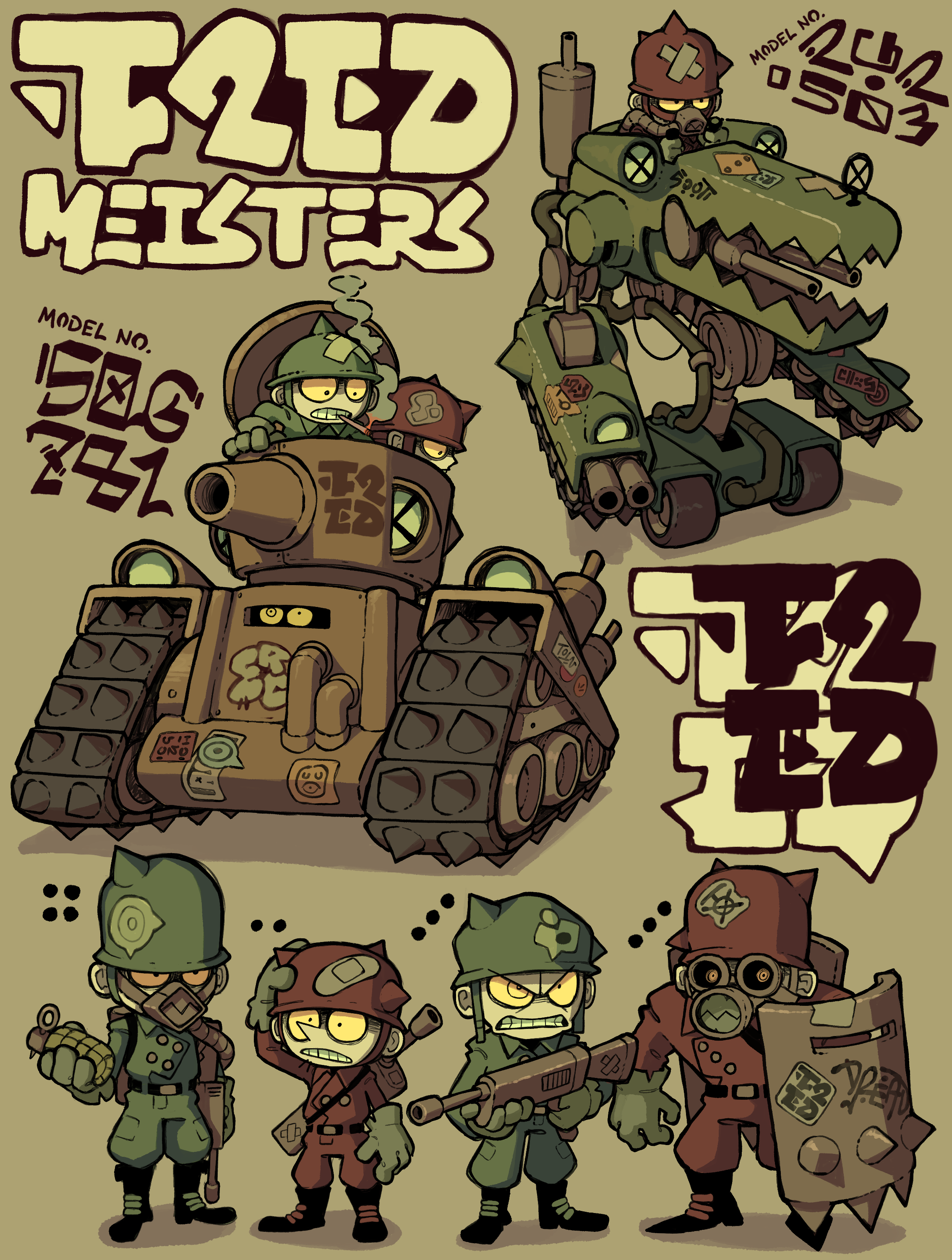 the illustration showcases a whimsical and gritty depiction of a mechanized military unit. the focal point is a large, heavily armored tank adorned with mismatched armor plates, rivets, and even teeth. the tank is driven by a trio of cartoonish soldiers, their expressions a mix of determination and grim humor.  adding to the chaotic charm, the unit also includes a towering, reptilianinspired mech armed with an oversized gatling gun. the color palette leans heavily on muted greens, browns, and reds, emphasizing the gritty, industrial aesthetic.
