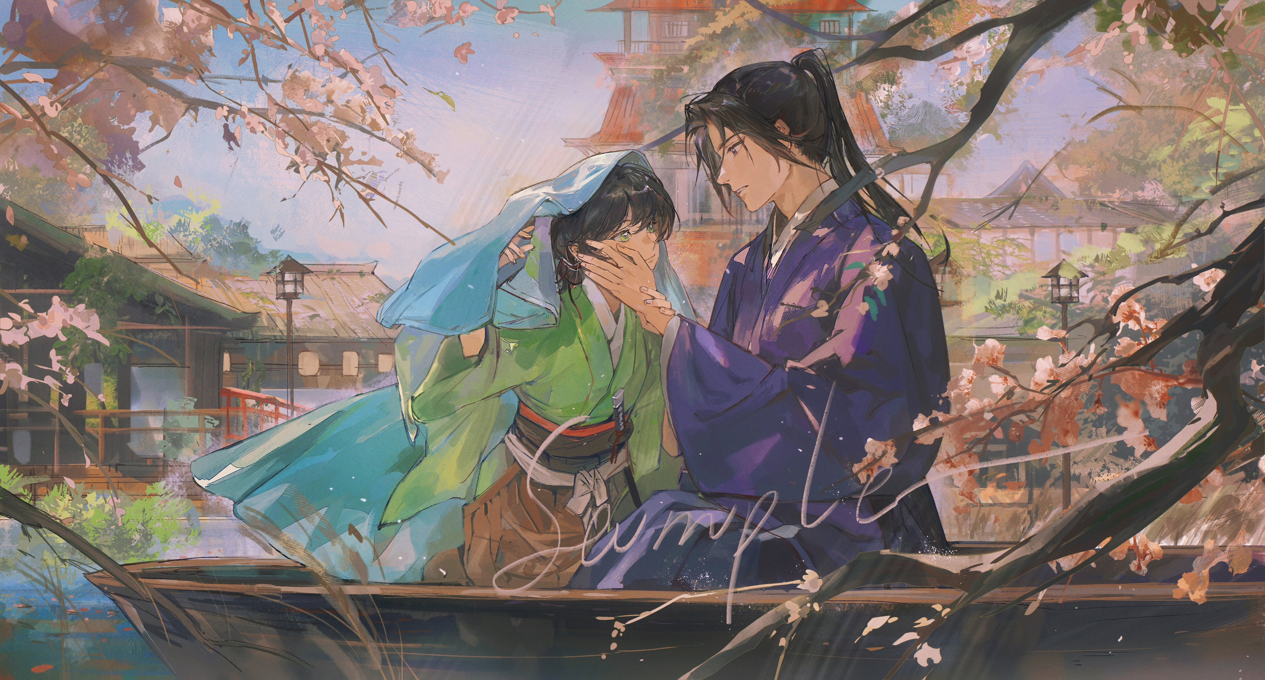 the artwork depicts two young men in traditional japanese clothing sitting in a small boat on a river.  one is draped in a light blue cloth, and the other is wearing a purple robe. they are close together, appearing affectionate. the setting is a beautiful landscape with cherry blossoms in full bloom, adding to the romantic and peaceful atmosphere. the style is reminiscent of anime or digital painting with soft, painterly brushstrokes and a slightly dreamy quality.  the background includes traditional japanese buildings and a bridge, enhancing the overall aesthetic.