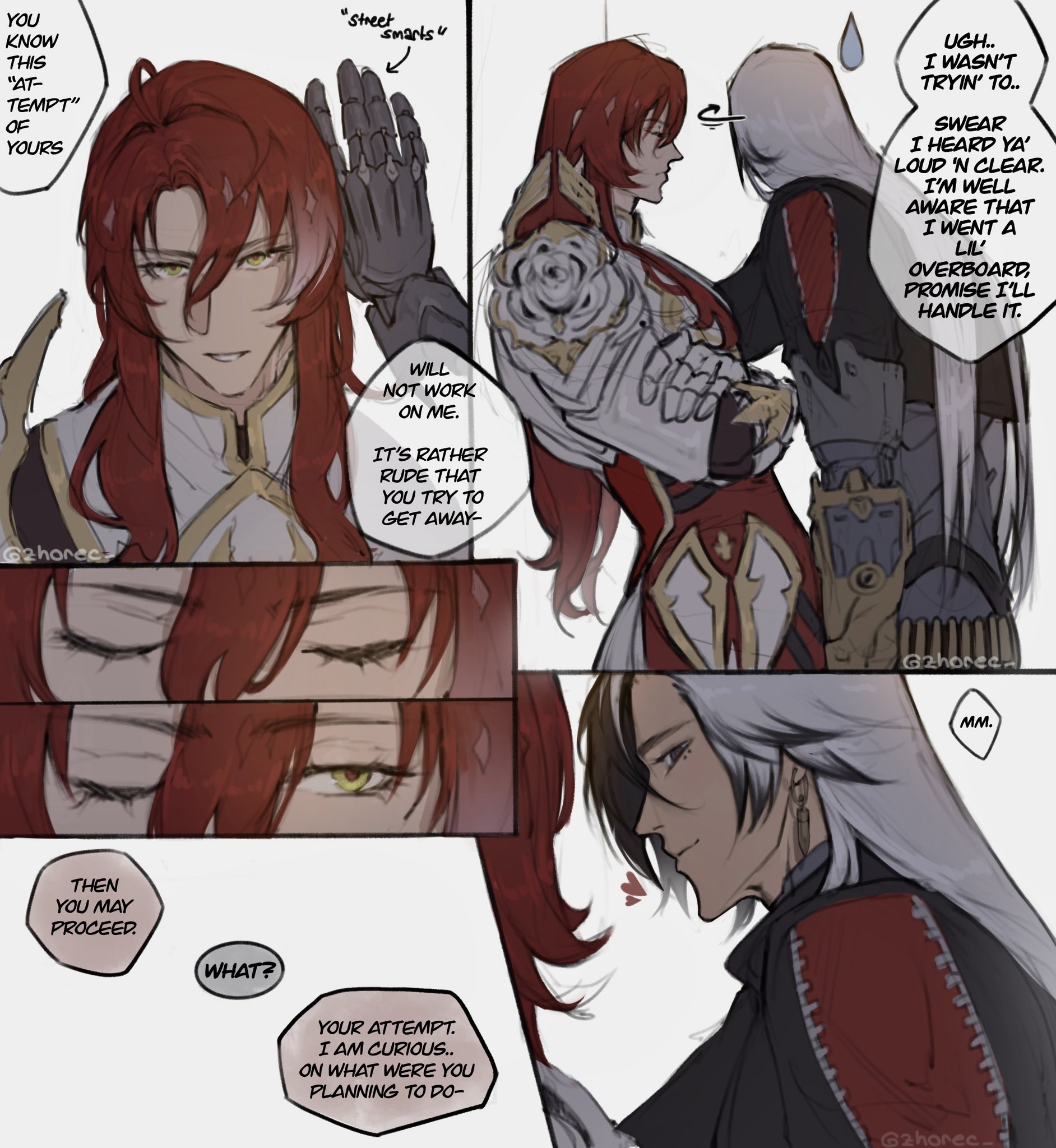 he image is a mangastyle comic strip depicting a romantic interaction between two male characters. the characters are strikingly designed, one with long red hair and the other with long white hair. their clothing suggests a fantasy or possibly historical setting. the comic uses expressive line art and coloring to convey emotion and story.  there are speech bubbles with dialogue, revealing a playful yet serious exchange between them, with one character expressing mild frustration and the other apologizing while displaying interest in the first character's intentions.  the style is intimate, creating a sense of closeness and tension between the characters. the overall aesthetic is visually captivating and suggestive of a deeper romantic plotline.
