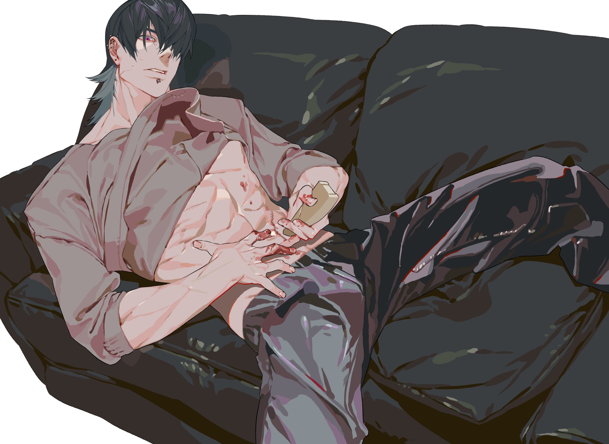 an anime style image depicts a man reclining on a dark sofa. he has dark hair, a lip piercing, and visible scars and blood on his abdomen. he is wearing an open shirt and pants, exposing his muscular physique. he is holding a remote control in one hand, and he appears to be injured.