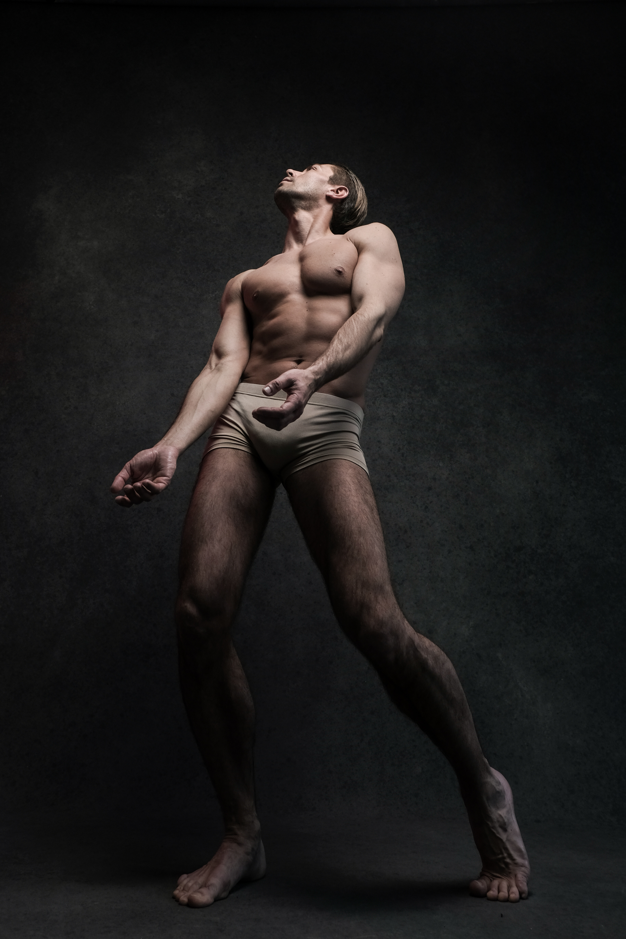 a muscular man with fair skin is striking a dramatic pose against a textured dark grey background. he is wearing only briefs, and his body is illuminated by a spotlight from above. his head is tilted back, and his arms are outstretched, as if reaching for something. the lighting accentuates the contours of his muscles and creates a sense of power and dynamism.