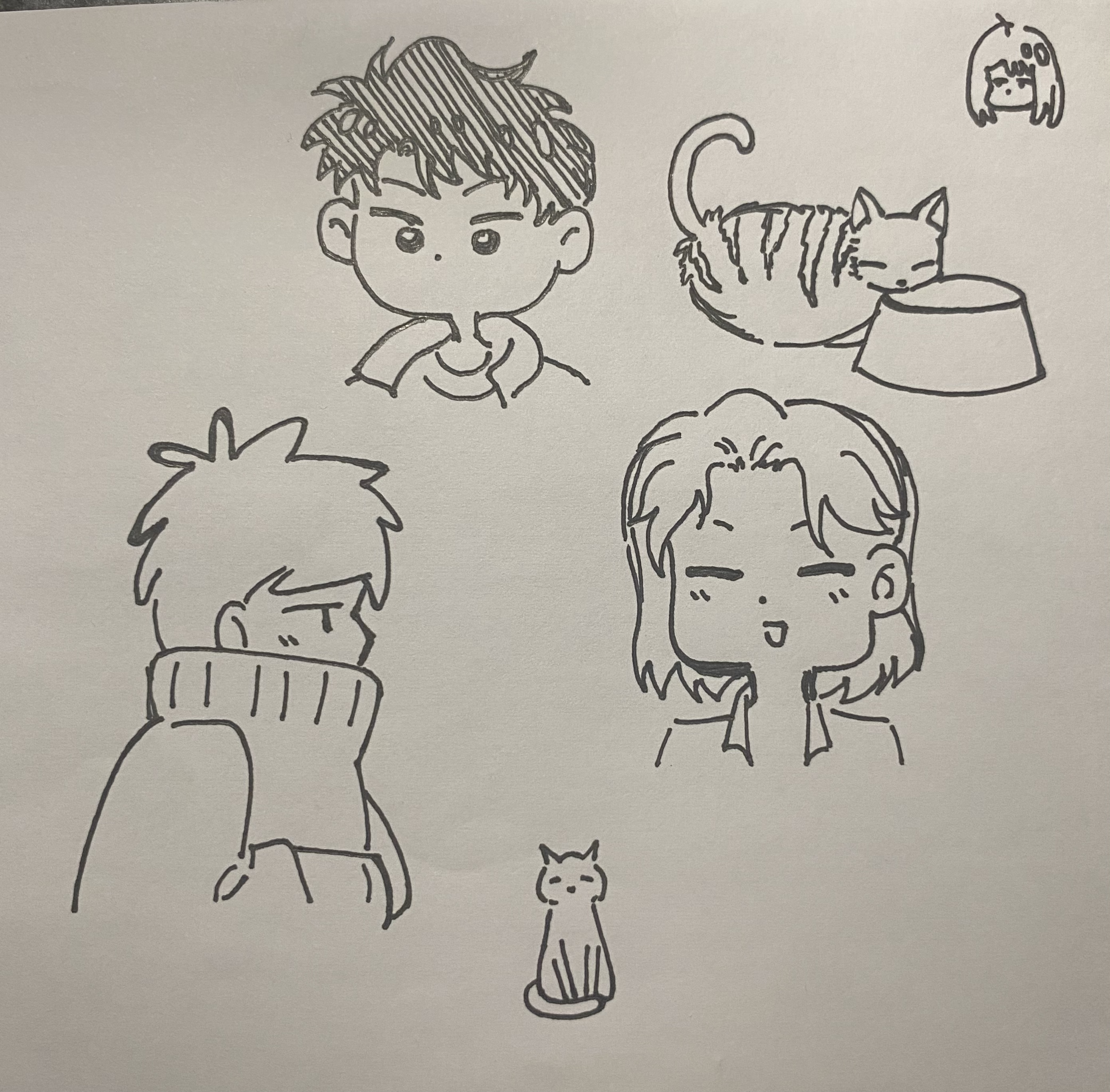 the image contains a collection of simple, handdrawn sketches in a cartoon/anime style.  there are four distinct characters: two boys (one with spiky hair, the other with shorter hair and a scarf), and two girls (one with short hair and a contented expression, the other a small figure in the top right corner).  additionally, there are three depictions of cats: one lying down near a food bowl, another sitting upright and a small catlike figure in the top right corner.  the style is consistent throughout, with minimal detail and a focus on expressive eyes and simple linework. the sketches appear to be done in pen or marker on lightcolored paper.