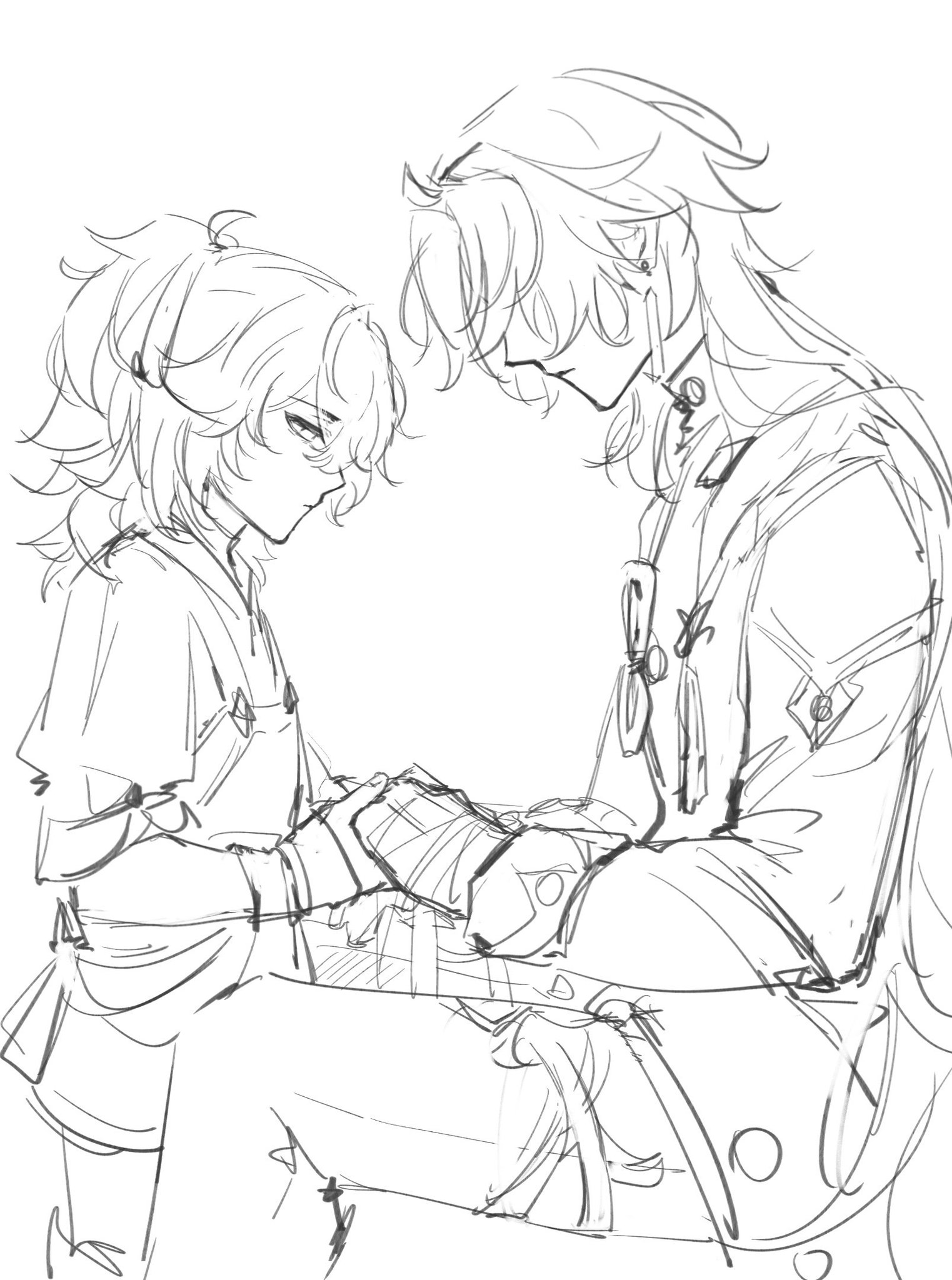 the image shows a sketch of two anime characters. one is a girl with short hair and the other is a boy with longer hair. the girl is wearing a loose fitting shirt and the boy is wearing a more formal outfit. they appear to be embracing or hugging each other. the image is drawn in a simple style with black lines on a white background. the characters have sad expressions on their faces.