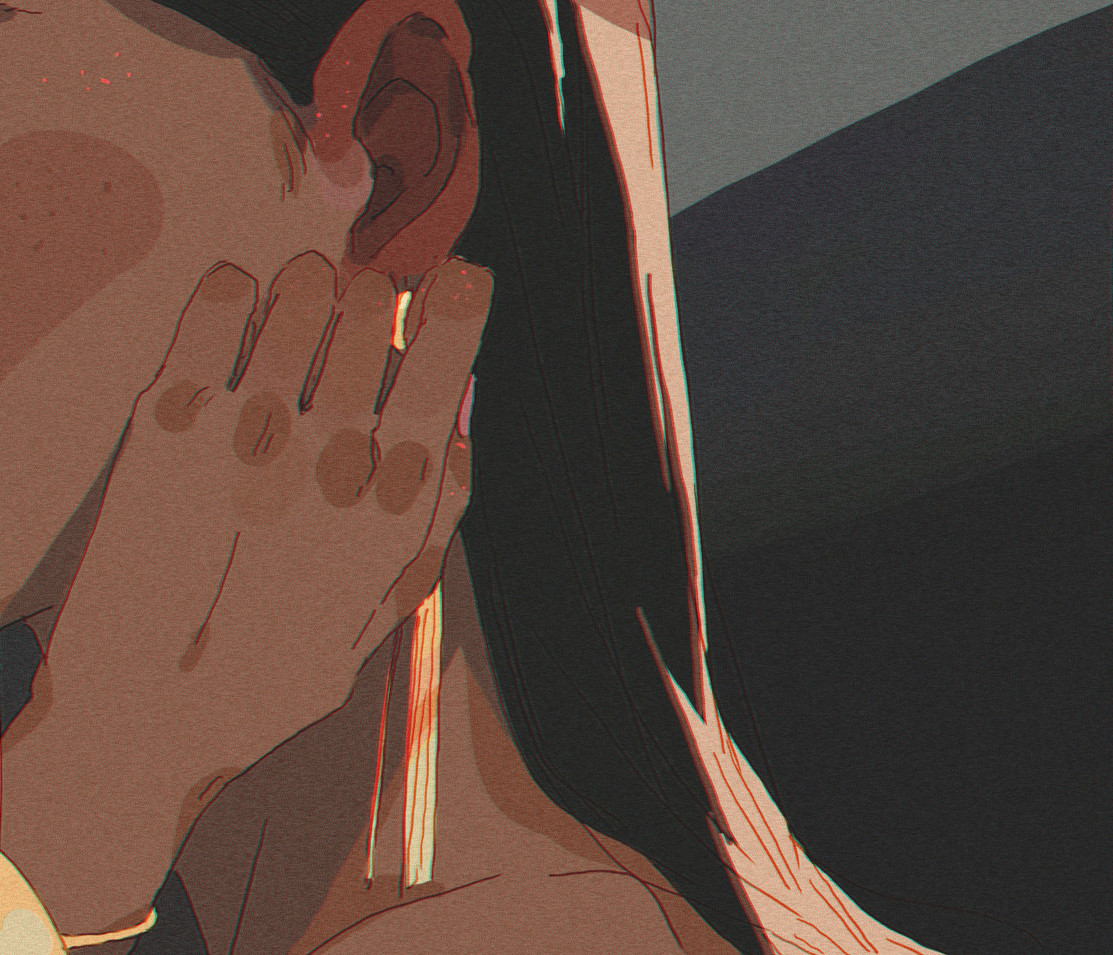 a close up portrait of a woman with long black hair looking away. she is wearing a gold earring and her hand is resting on her cheek. the image is dark and moody and has a mysterious feel.  the woman appears to be thoughtful and elegant.