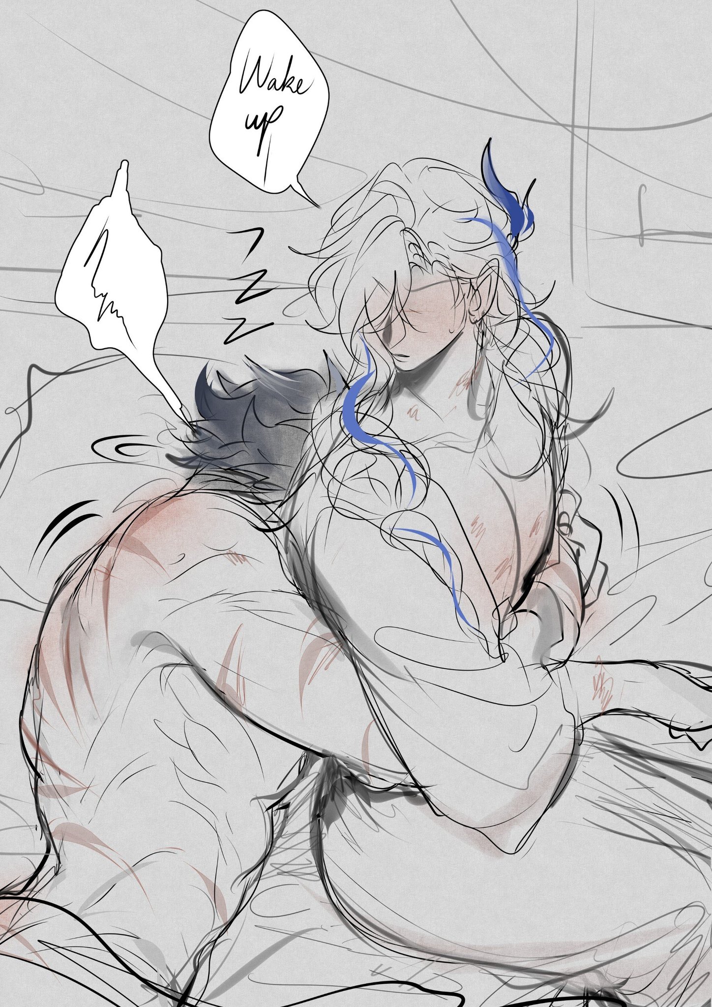 the image is a digital fanart depicting a tender scene between two young men.  one with long white hair and a hint of blue, is gently waking the other, who has dark hair. they are lying in bed, close to each other in an embrace. the style is reminiscent of manga or anime, with loose, expressive lines and shading.  both characters show signs of wounds or scars on their backs and arms, adding a layer of implied narrative.  a speech bubble above the whitehaired man says "wake up," suggesting a gentle morning scene. the overall mood is intimate and romantic.  the artwork is unfinished, with visible sketching lines throughout.