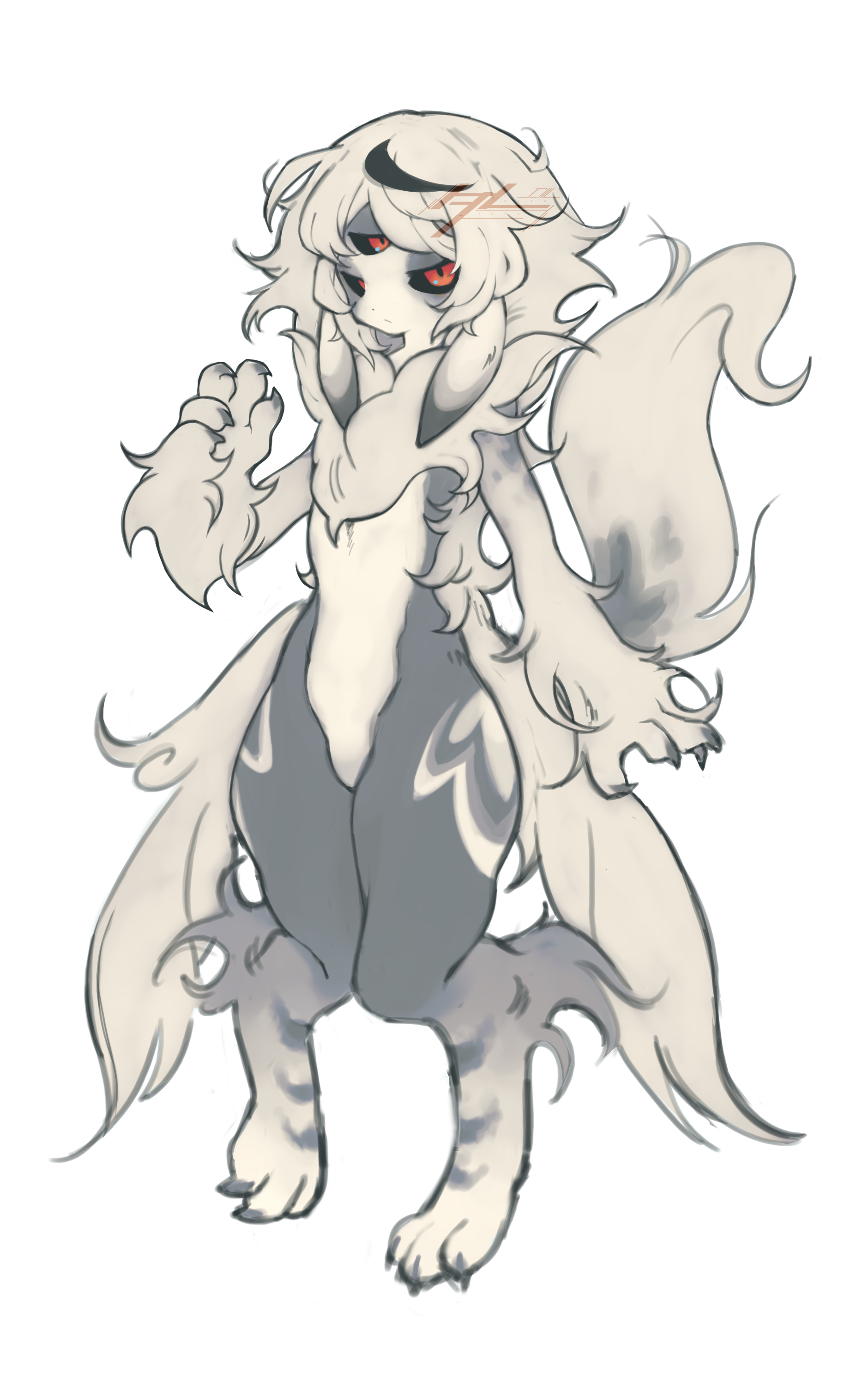 a digital illustration of a furry creature with white fur, grey stripes, and black markings. the creature has red eyes, a long tail, and a cute expression. it is drawn in an anime/manga style and appears to be a fantasy creature. the artwork has a lighthearted and whimsical feel.