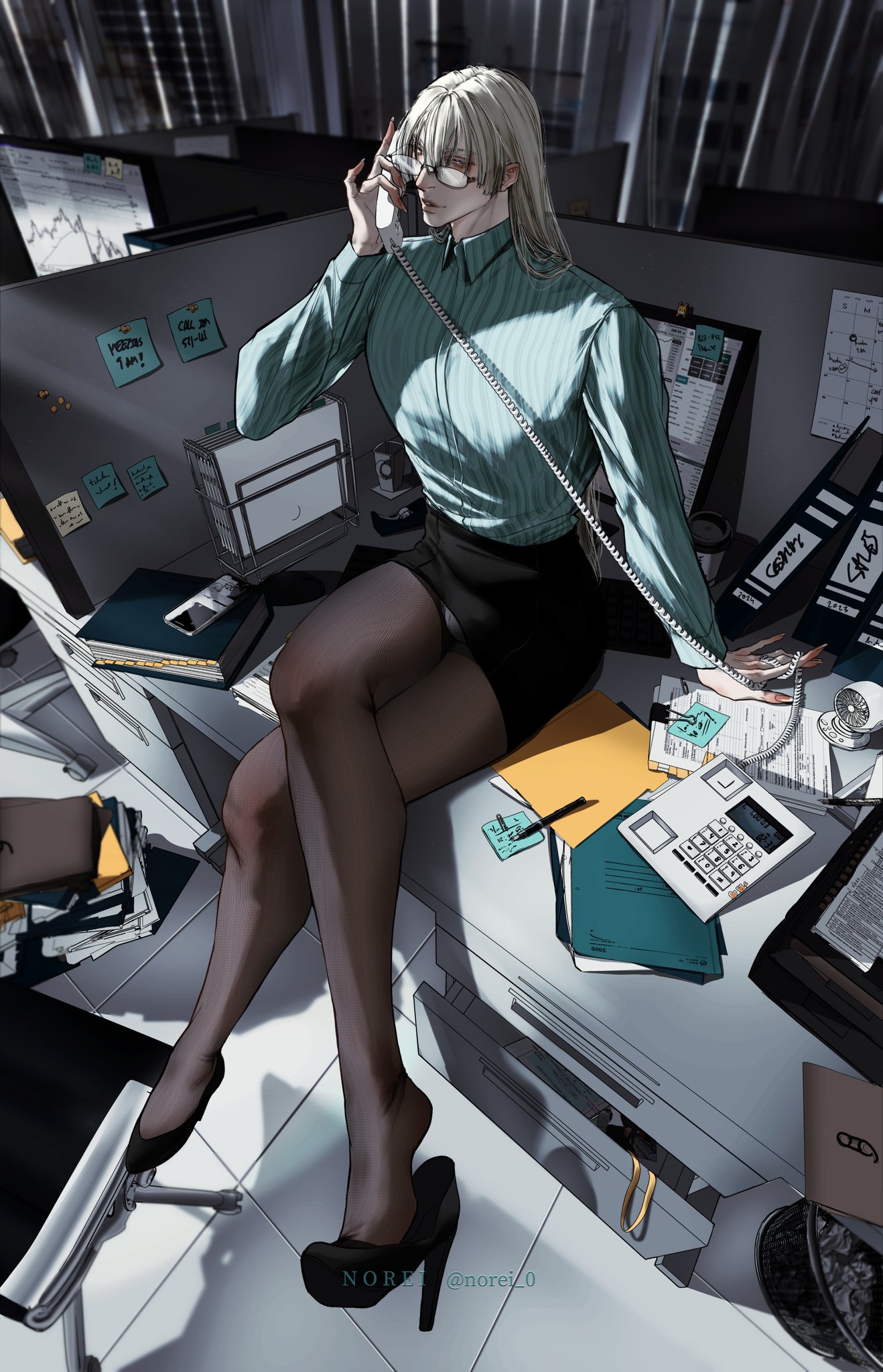 the illustration depicts a stylish animestyle woman with long silver hair, wearing glasses, a teal shirt, and a black skirt.  she's seated in a modern office cubicle, legs crossed, wearing high heels and stockings. she's on the phone, surrounded by office paperwork, computer screens displaying stock market charts, and various office supplies. the overall style is dark and moody, with contrasting light and shadow creating a dramatic effect. the scene is detailed, showing the clutter and busyness of a typical office environment.  the artist's signature or handle, @norei_0, is visible in the lower right corner.