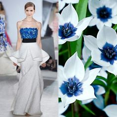 a fashion model in a stunning white dress with blue accents stands on a runway, showcasing her elegant style. the background features a beautiful backdrop of white flowers with blue centers, creating a visually captivating contrast. the model's poise and the intricate details of her dress reflect the high fashion world, while the delicate flowers add a touch of romanticism and sophistication. the image evokes a sense of elegance and grace, capturing the essence of a highfashion event.