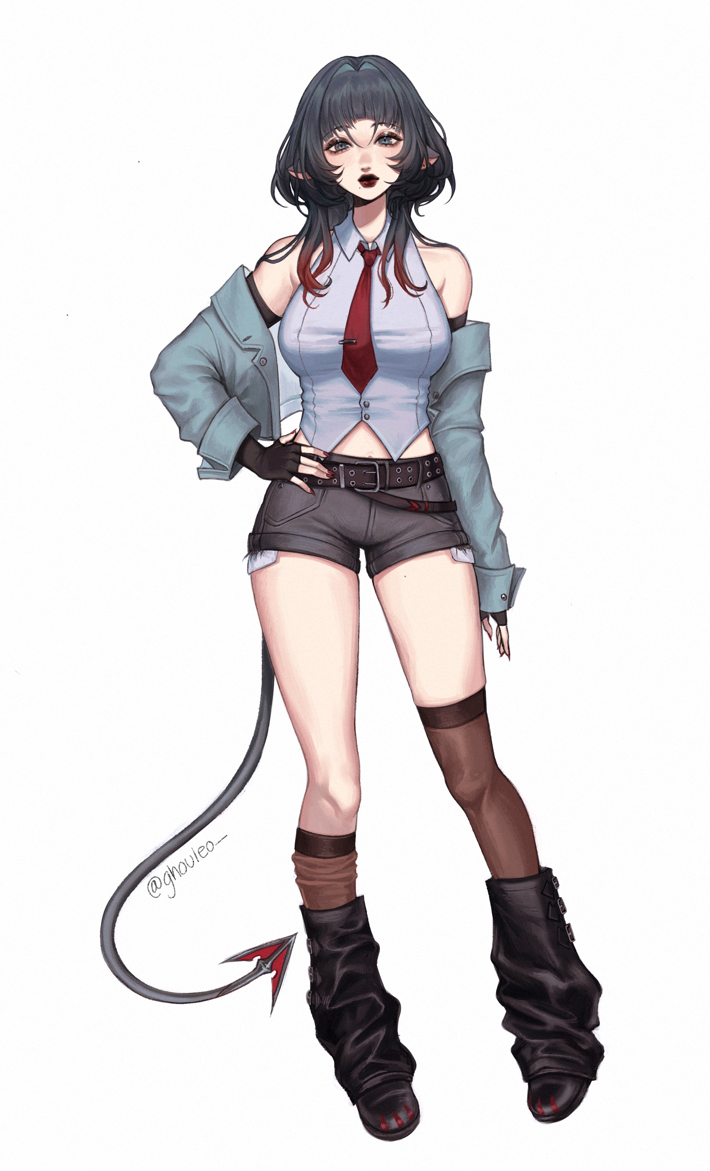 a digital illustration of an anime style girl with black horns and a tail. she is wearing a grey jacket, a white and red shirt, black shorts, and black boots. she is standing with her arms at her sides and is looking straight ahead with a serious expression. the background is white.