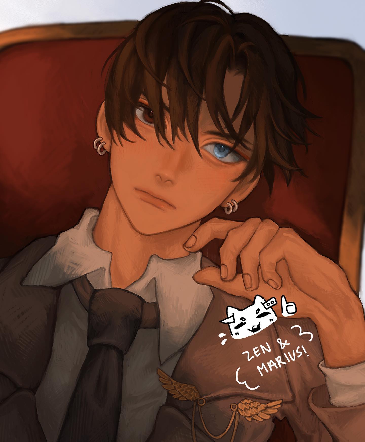 the image is a digital fanart depicting a young, handsome animestyle male character. he has brown hair styled with bangs that partially cover his forehead, revealing heterochromia iridum (one brown eye, one blue eye).  he's wearing a dark suit with a tie and a jacket adorned with small winged pins. he's seated in a red chair, his hand resting elegantly on his shoulder.  a small doodle on his jacket says "zen & marius!", likely referencing characters from a visual novel or game. the overall style is soft, with warm lighting and a slightly stylized, charming aesthetic.