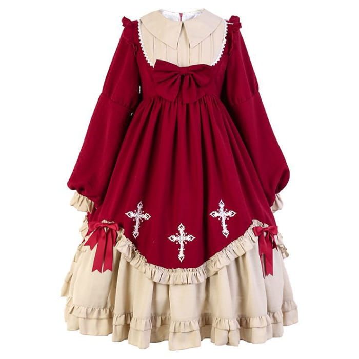 a maroon and cream lolita fashion dress shown on a mannequin.  the dress has long sleeves, a layered skirt with ruffles, and cross embroidery.