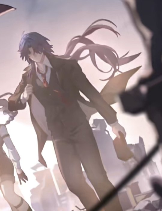 the image features two anime characters in a dynamic fight pose. the male character, in a sharp suit and purple hair, is holding a sword, and his eyes are focused on the unseen opponent. behind him, a female character in a white outfit is also holding a sword, adding to the intensity of the fight scene. the scene is set in a futuristic city, emphasizing the actionpacked nature of the image.