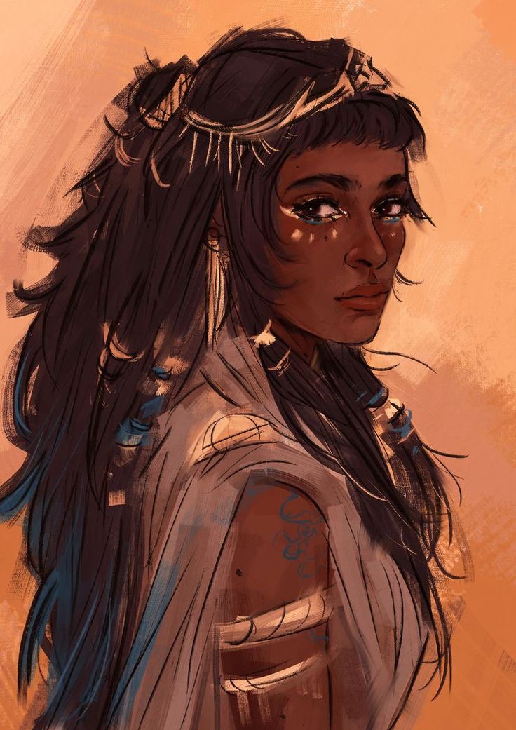 a digital painting of a darkskinned woman with long, dark hair styled in braids. she wears an ornate headpiece and jewelry, and has decorative markings on her face and arm.  the style is painterly and somewhat loose, with visible brushstrokes giving a textured effect. the color palette is warm and earthy, with oranges, browns, and muted blues. the woman's expression is serious and confident, projecting a sense of strength and regality.  the background is a simple wash of ochre, creating a focus on the figure.  the overall style suggests fantasy or mythological themes.