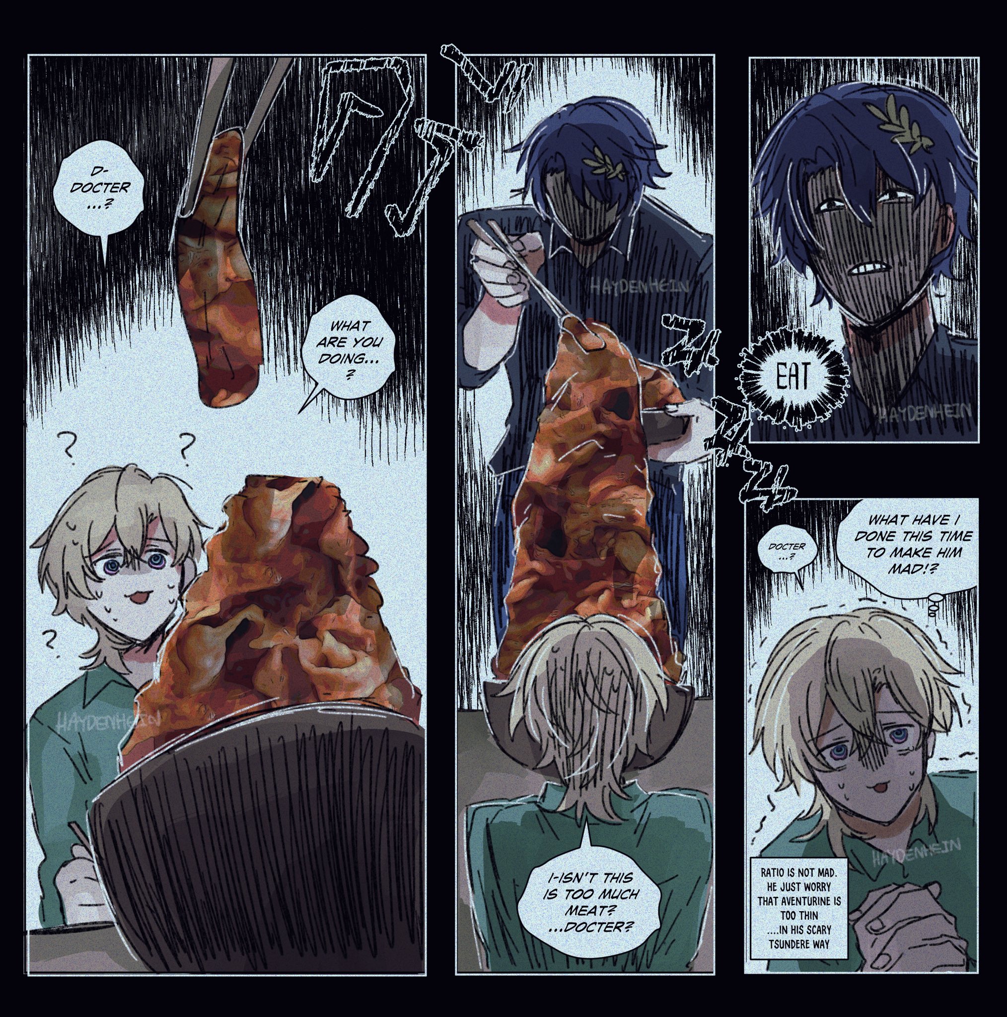 a four panel manga comic with four young men. they are all blonde with blue eyes except for the one in the second panel, he is blonde with black eyes.  the boy in the second panel is serving the others a large amount of meat. the boy on the left is clearly struggling to eat, and is concerned about the amount of food he is being served. the boy in the fourth panel has glasses on and is worried that the boy in the second panel is too skinny to handle such a large amount of food. the boy on the right is clearly angry.