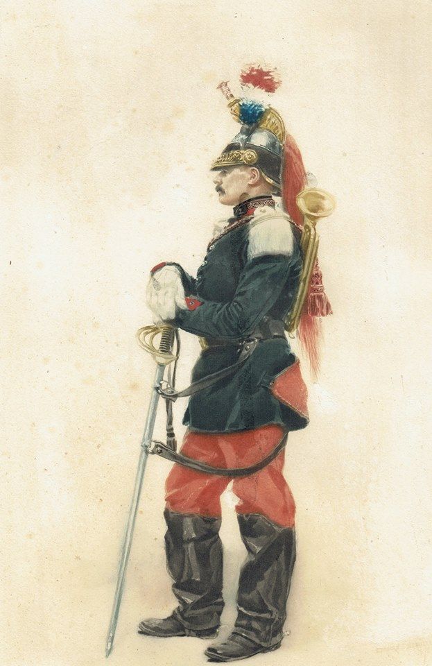 a watercolor painting depicting a french soldier in a traditional uniform. the soldier is wearing a helmet with a tall plume and a dark green jacket, with a red sash and red trousers. he carries a sword and stands at attention, with his face looking slightly to the right.