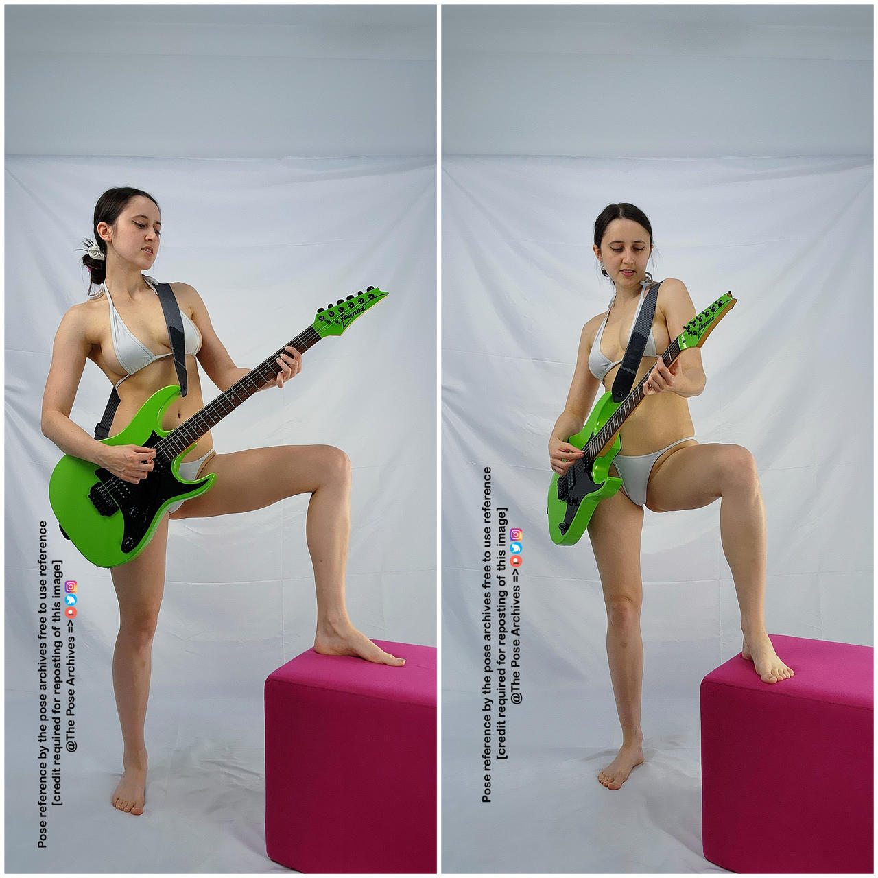 he image is a collage of two photos of the same woman from slightly different angles. she's wearing a two piece white swimsuit and playing a bright green electric guitar. she is standing with one foot on a bright pink cube in both photos, and is posing for the camera. the background is plain white and the image appears to be lit with studio lighting. the image has text on it indicating it is free to use as a pose reference with credit.