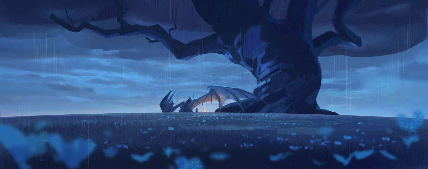 a large, majestic dragon with its wings spread wide is perched beneath a dark, looming tree. the sky is a stormy blue, with rain falling around the creature. the scene is filled with an atmospheric, mystical quality, as if something magical is about to happen. the dragon's wings are glowing, and the entire scene is bathed in a soft, blue light.