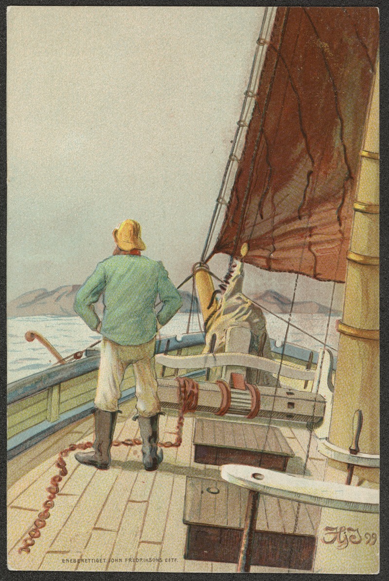 the image is an illustration depicting a man standing on the deck of a sailboat. he is facing away from the viewer and is wearing a yellow hat, a green jacket, and white pants tucked into tall black boots. his hands are on his hips as he looks out over the water. the boat has a large red sail, a tall mast, and various ropes and equipment on the wooden deck. in the distance, a coastline is visible under a cloudy sky. the overall scene suggests a voyage at sea.