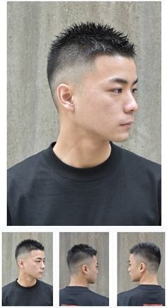 a collage of four images showcases an asian man sporting a short crew cut hairstyle. he is dressed in a simple black tshirt. the images are welllit, providing a clear view of the haircut from various angles.