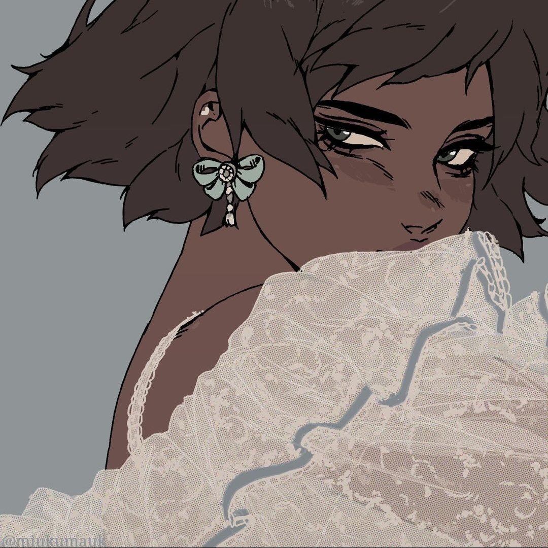 a digital drawing of a woman with short black hair and a lace dress. she's looking over her shoulder and her expression is mysterious. the drawing is done in a realistic style and has a dark and dramatic tone. the woman's face is obscured by the lace of her dress, and her eyes are downcast, giving her a sense of mystery. the overall effect of the image is seductive and alluring.