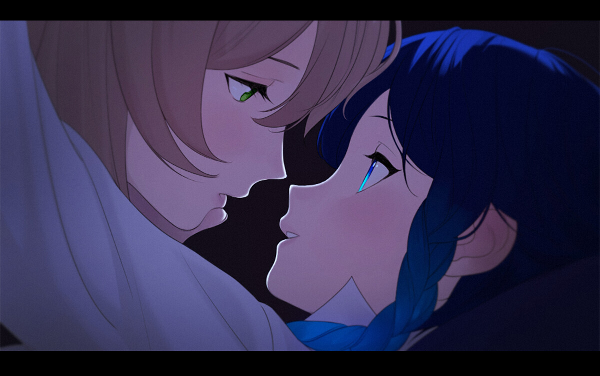 an anime illustration featuring two young women on the verge of a kiss. the scene is set indoors, likely a bedroom, illuminated by a warm, artificial light source. the perspective is a closeup, emphasizing the intimacy of the moment. one woman, with blonde hair and green eyes, leans in towards the other, who has dark blue hair and striking blue eyes. the atmosphere is filled with tenderness and affection, capturing a fleeting moment of romantic connection.