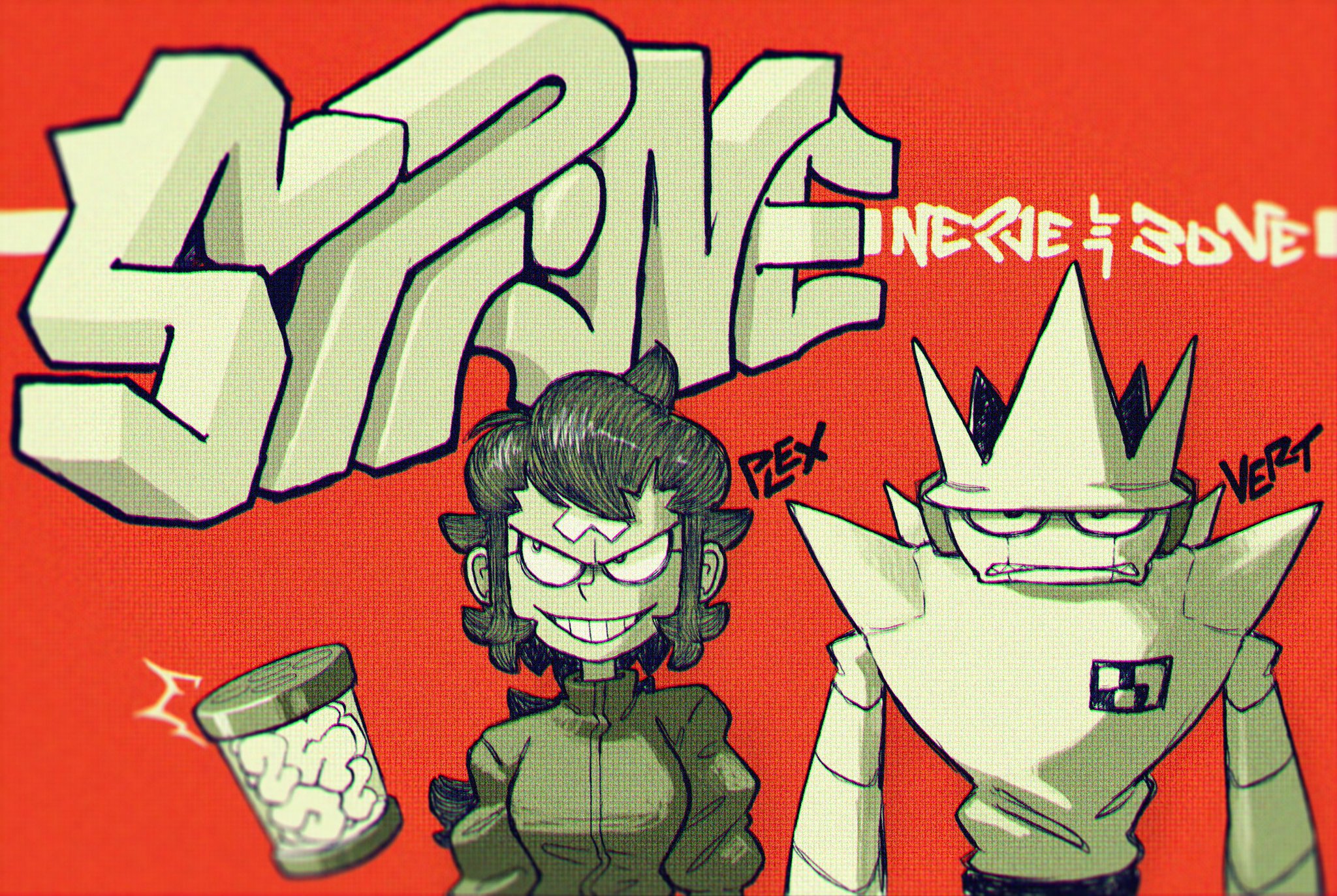 the image features two cartoon characters against a vibrant red background with stylized graffiti text. on the left is a girl with spiky brown hair and a mischievous grin, holding a jar filled with what appears to be brains.  she wears a green jumpsuit. to the right stands a large, angular robot with a crownshaped head and a blank expression. the robot is predominantly white with gray details and a green square on its chest. the graffiti text above them reads "spine" with smaller text to the right reading "nergie" and "bone." the names "rex" and "vert" are written above the girl and robot respectively. the overall style is bold and graphic with thick outlines and simplified features.