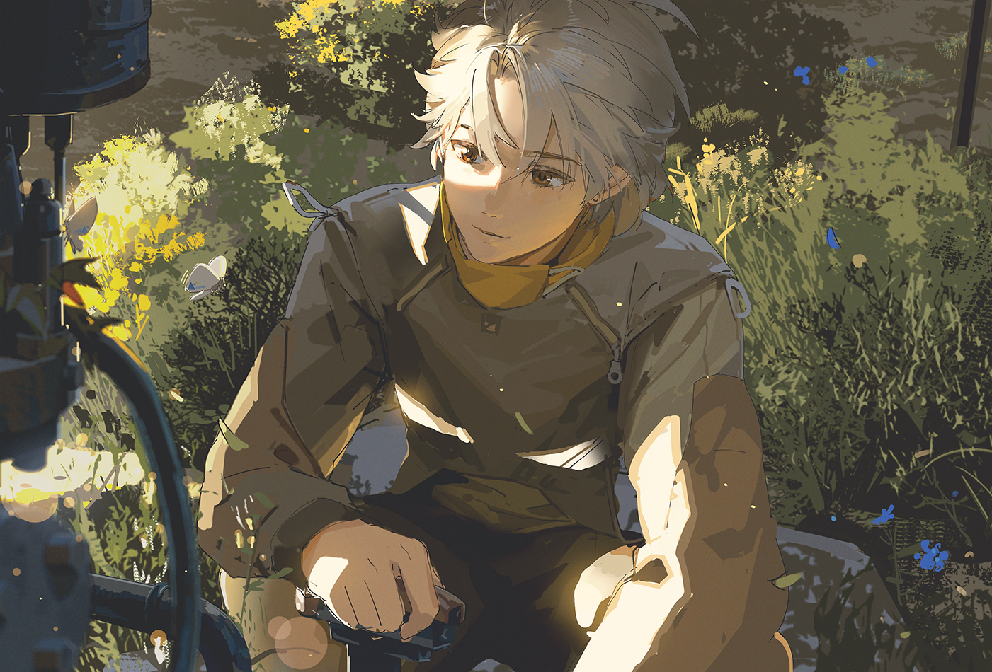 the image features an animestyle portrait of a young man with white hair and brown eyes. he is sitting outdoors in a garden setting, bathed in warm, dappled sunlight. he wears a brown jacket and a yellow scarf and seems to be tending to plants or flowers, holding a gardening tool in his hand. the background is a lush green with hints of blue flowers, creating a serene and peaceful atmosphere. the overall color palette is warm and muted, enhancing the tranquility of the scene.