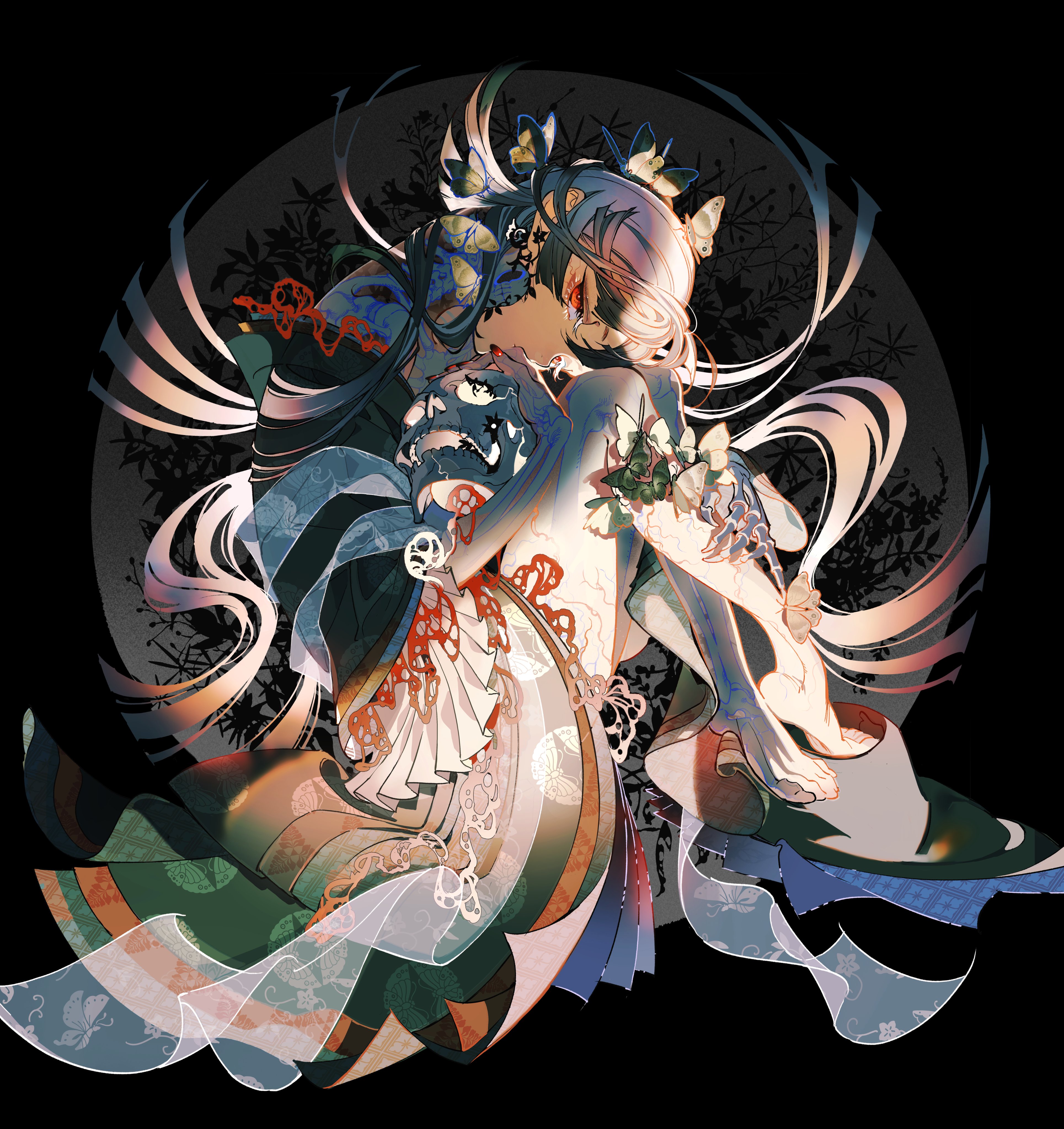 the image showcases a young woman with flowing white hair, adorned with intricate floral accessories, seated within a circular frame against a dark backdrop. she is drawn in an anime style, with large expressive eyes and delicate features. her clothing, a mix of flowing fabric and more structured elements, is rendered in a stunning array of colors and textures. the overall feel is ethereal and slightly melancholic, accentuated by the dramatic lighting that illuminates the woman and leaves the background in darkness.