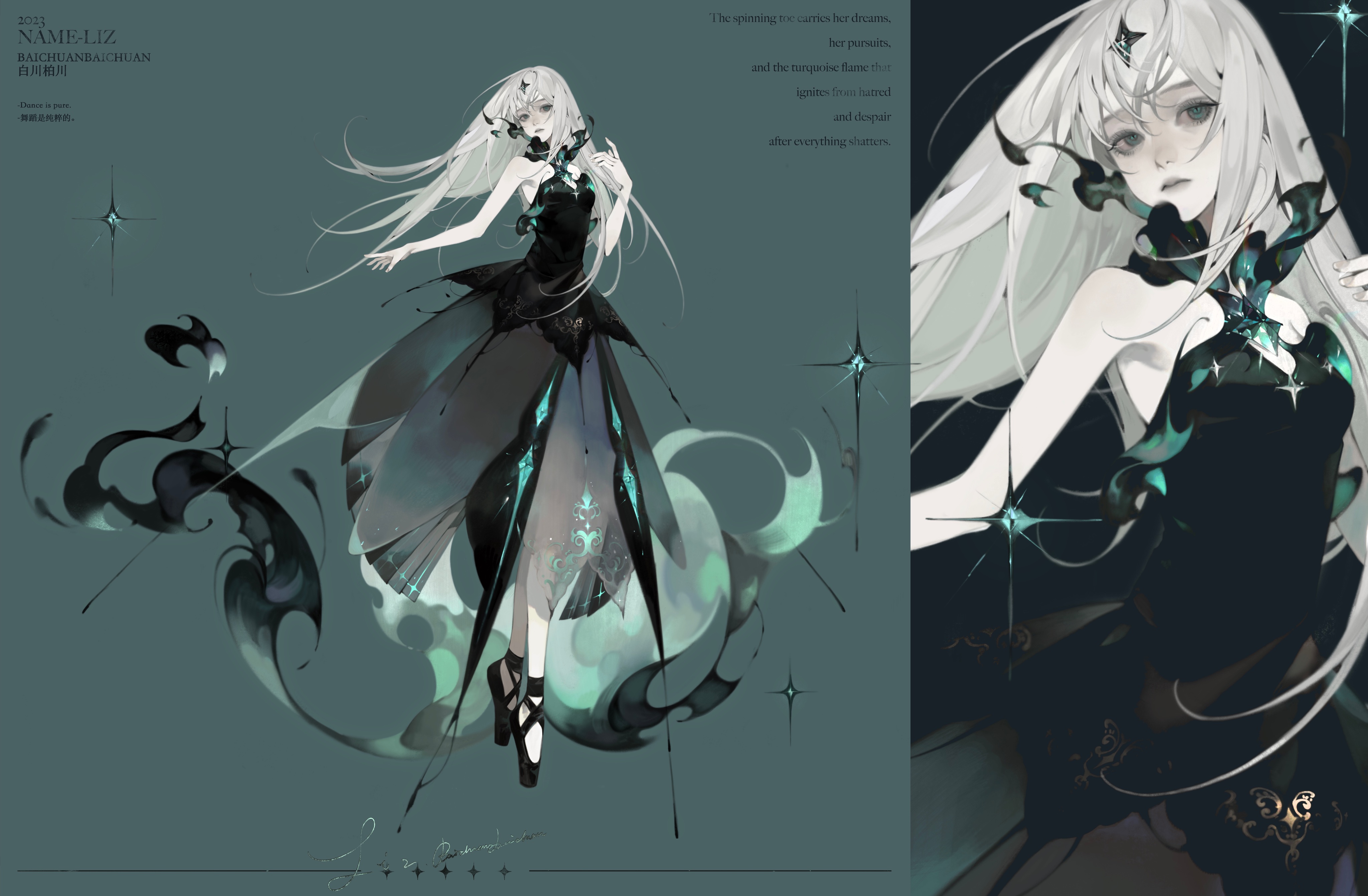 the image is an illustration of an anime girl with long white hair and a black dress. she is standing on one leg, with her other leg extended out in front of her. the girl is surrounded by green and turquoise flames, and there are stars in the background. the image is dark and ethereal, and it conveys a sense of magic and fantasy.